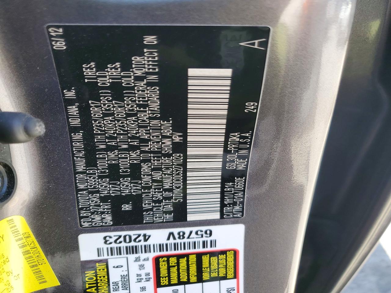 2012 Toyota Sienna Xle 8-passenger Charcoal vin: 5TDYK3DC0CS271029