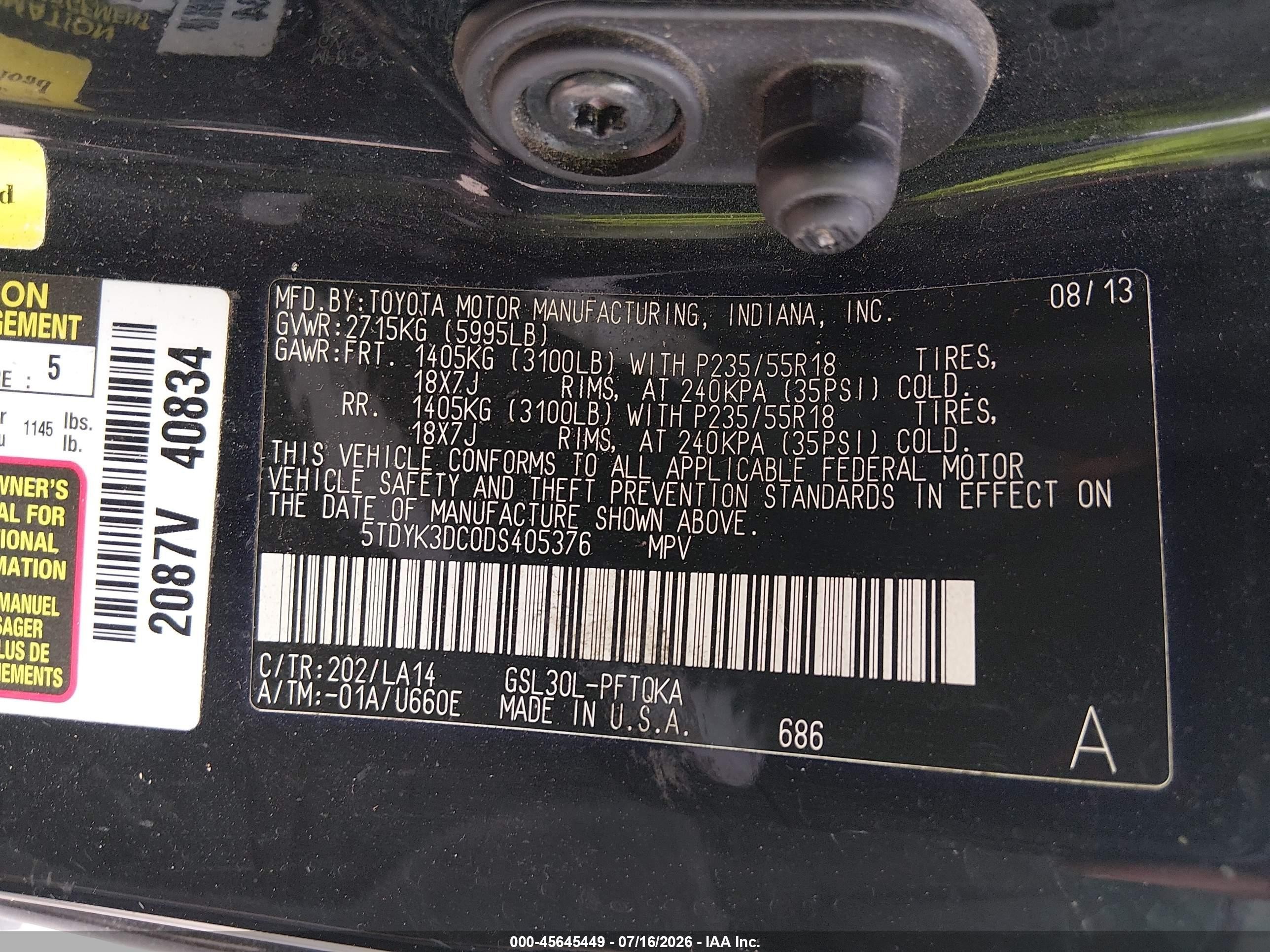 2013 Toyota Sienna Limited V6 7 Passenger Black vin: 5TDYK3DC0DS405376