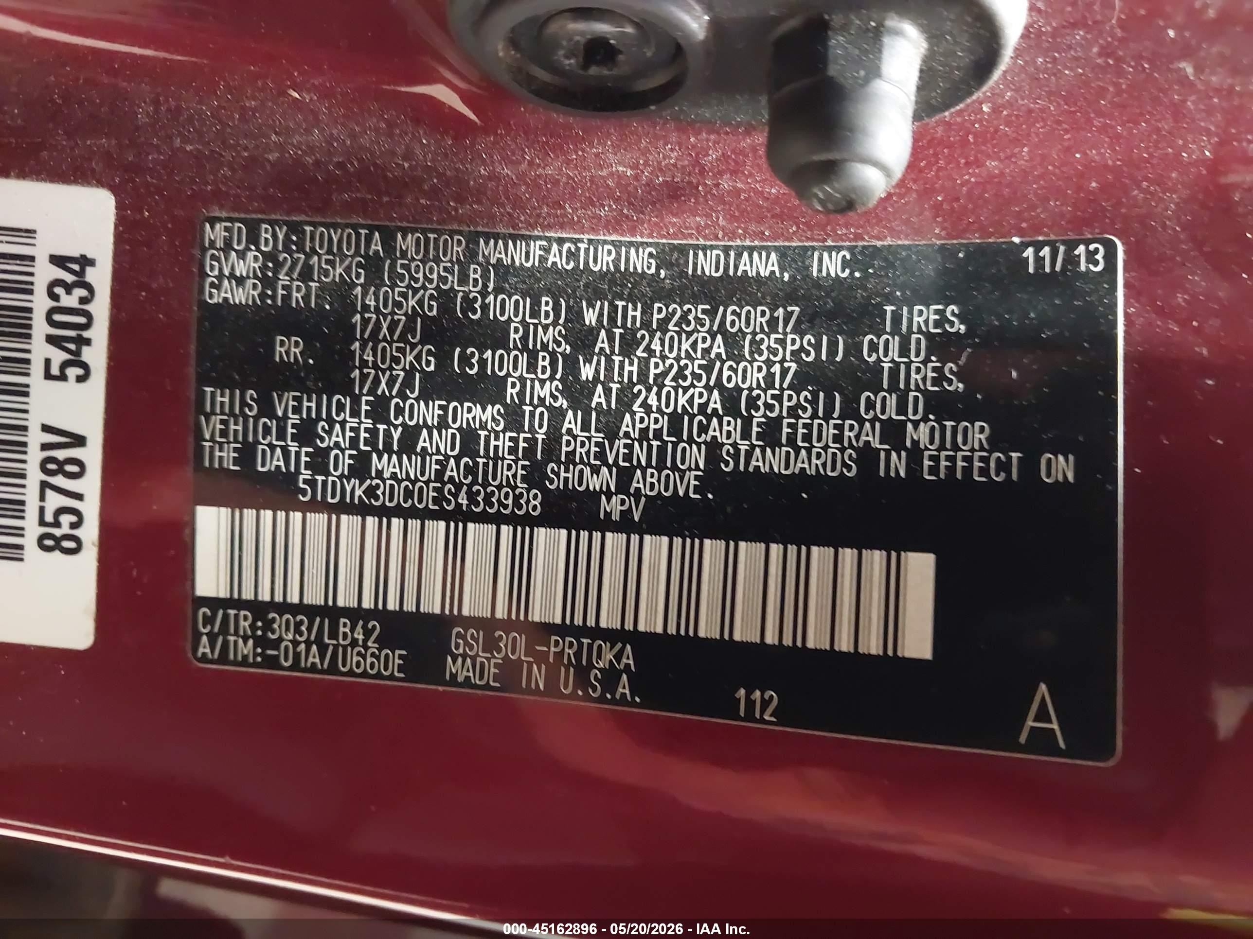 2014 Toyota Sienna Xle V6 8 Passenger Red vin: 5TDYK3DC0ES433938