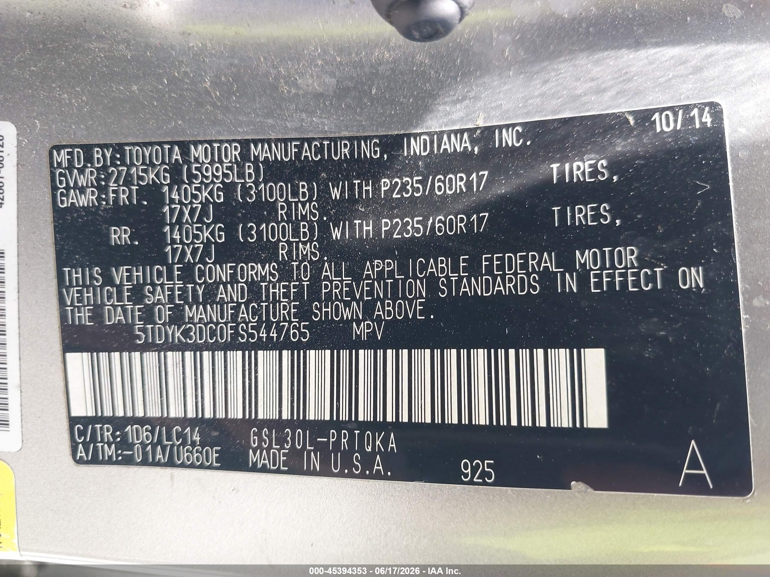 2015 Toyota Sienna Xle 8 Passenger Gray vin: 5TDYK3DC0FS544765