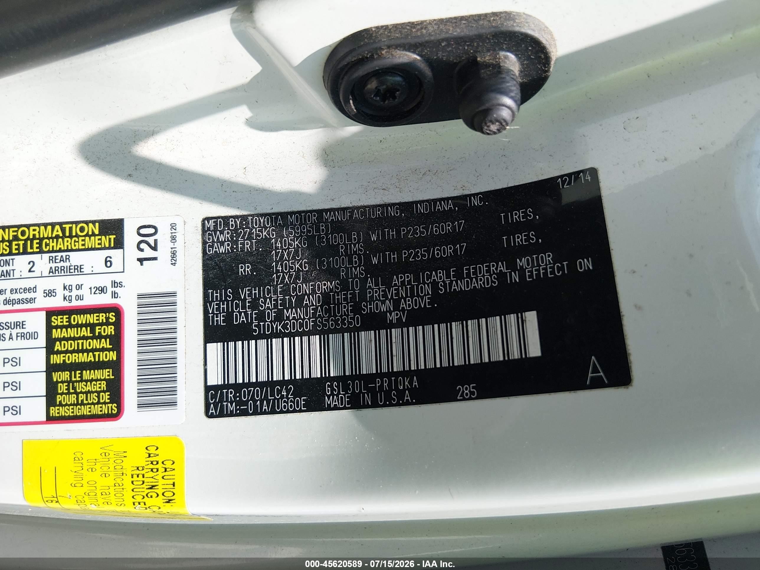2015 Toyota Sienna Xle 8 Passenger Silver vin: 5TDYK3DC0FS563350