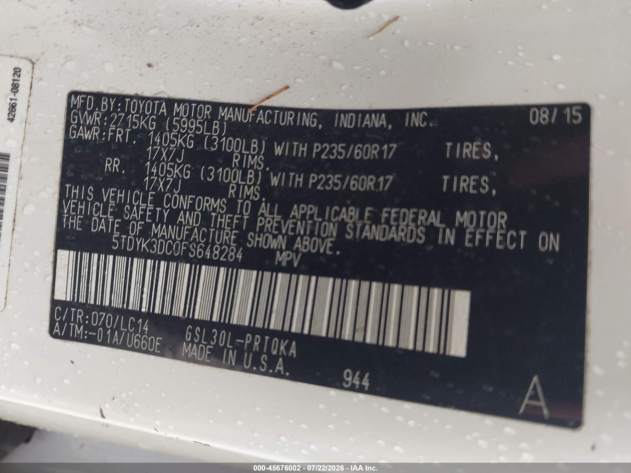 2015 Toyota Sienna Xle/limited White vin: 5TDYK3DC0FS648284