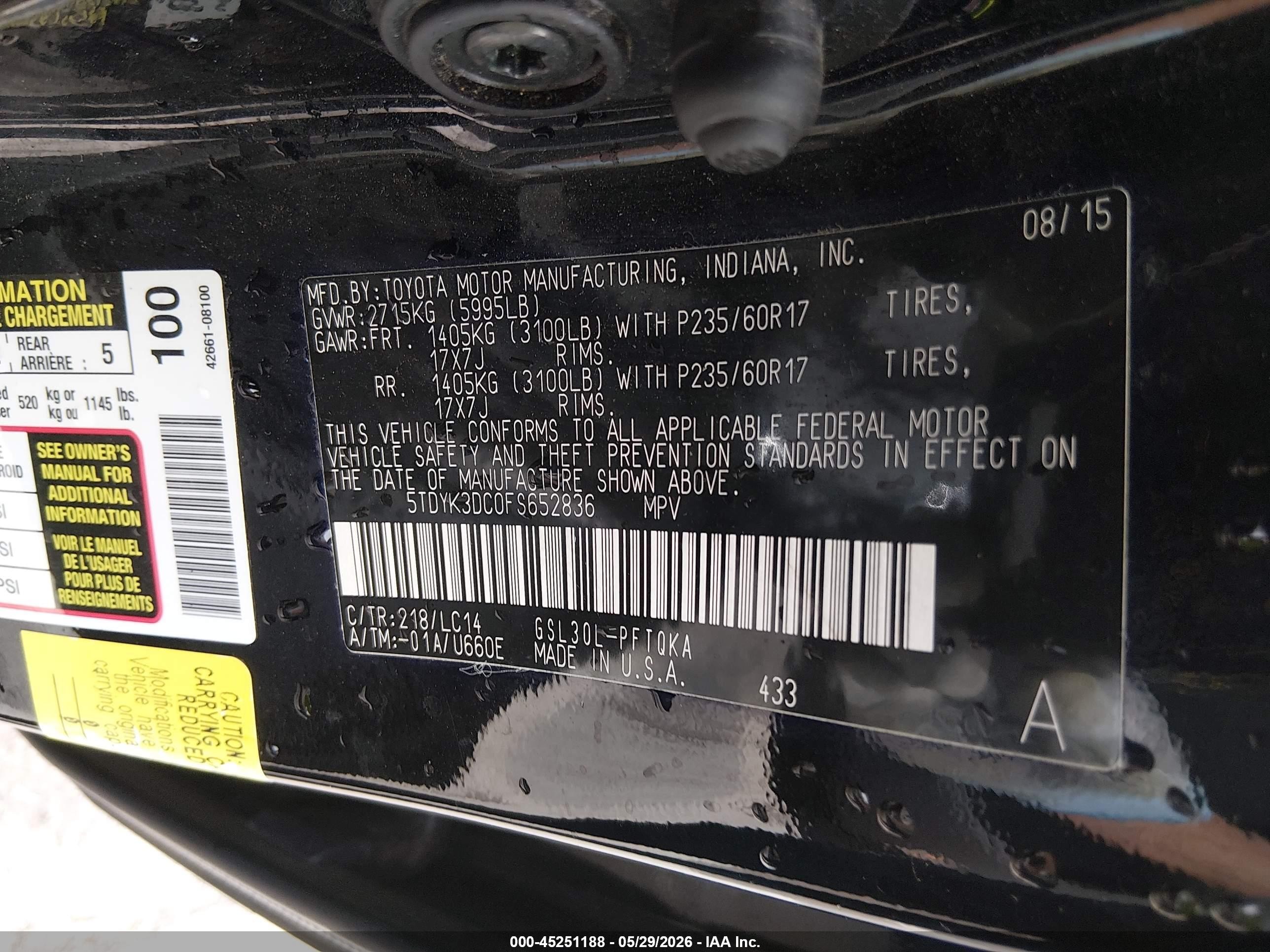 2015 Toyota Sienna Xle 7 Passenger Black vin: 5TDYK3DC0FS652836