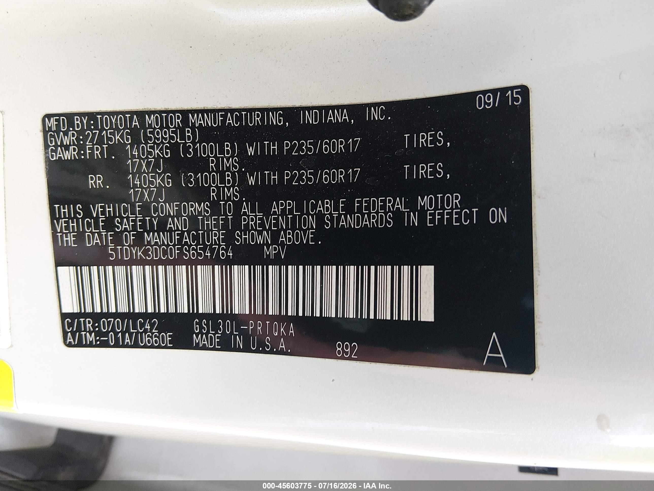 2015 Toyota Sienna Xle Premium 8 Passenger White vin: 5TDYK3DC0FS654764