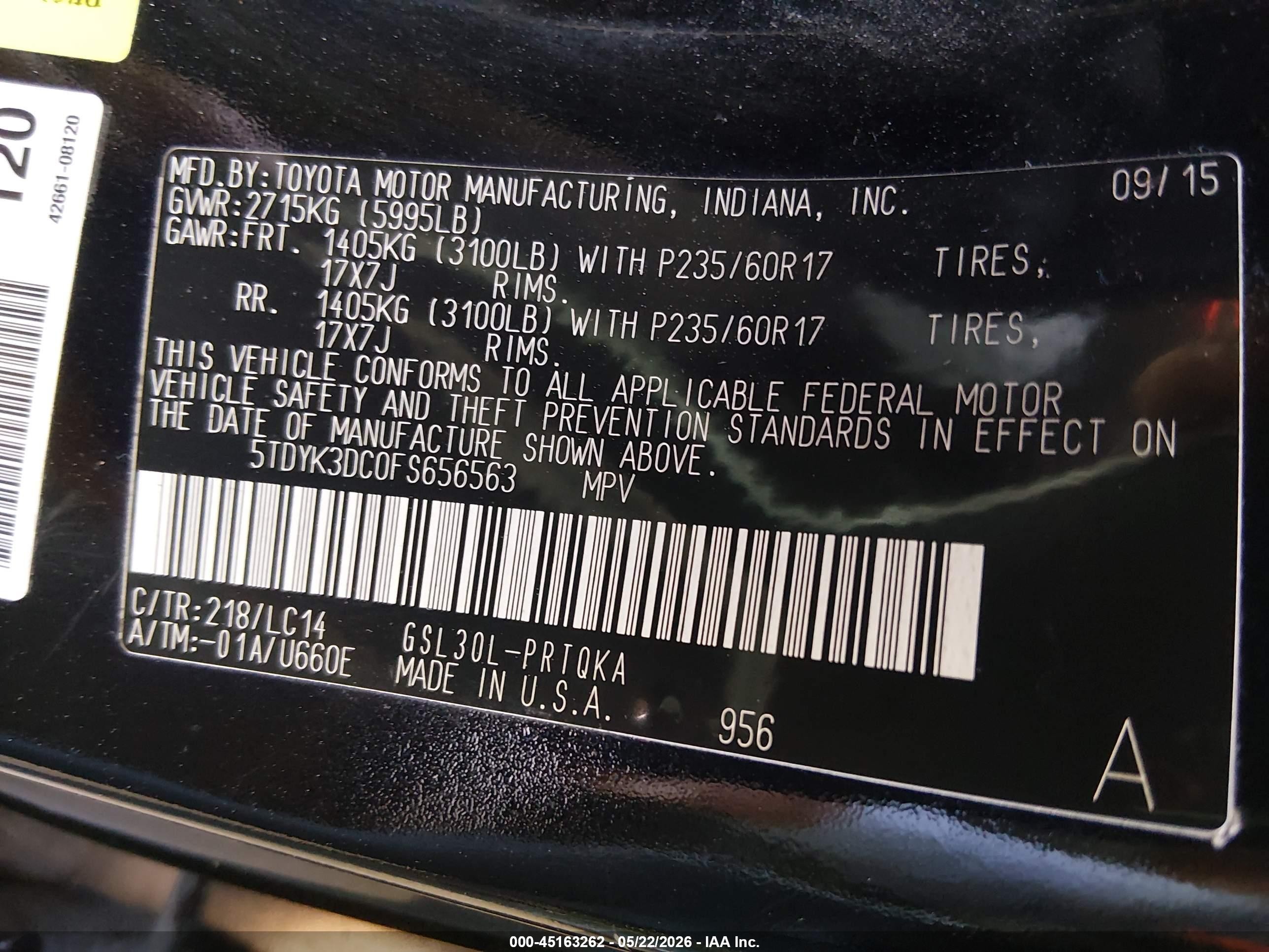 2015 Toyota Sienna Xle 8 Passenger Black vin: 5TDYK3DC0FS656563