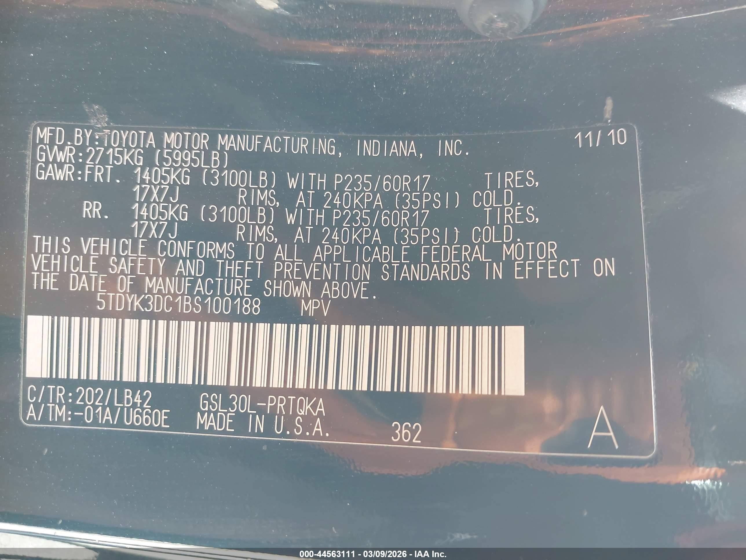 2011 Toyota Sienna Xle V6 Black vin: 5TDYK3DC1BS100188