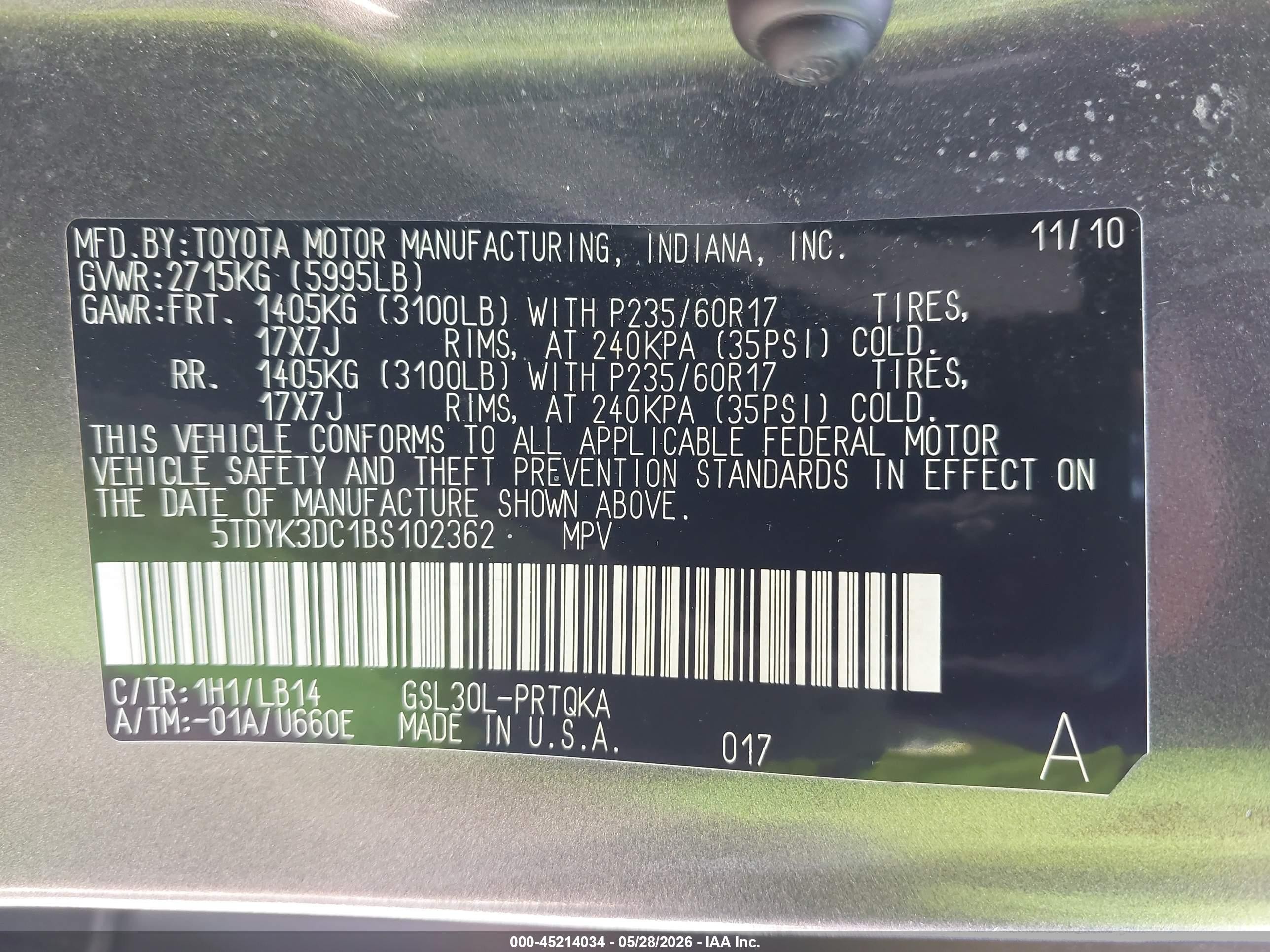 2011 Toyota Sienna Xle V6 Gray vin: 5TDYK3DC1BS102362