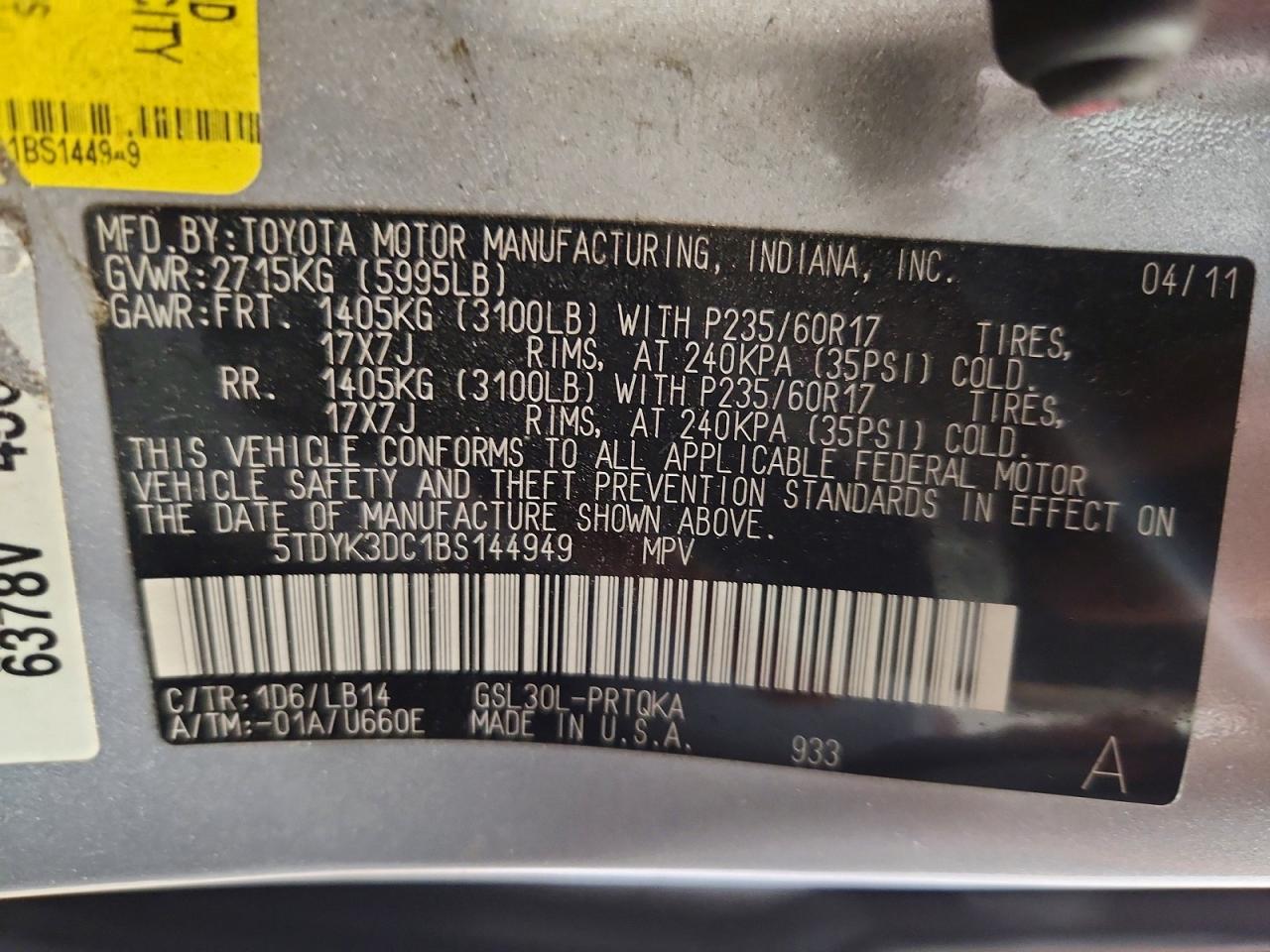 2011 Toyota Sienna Xle 8-passenger Gray vin: 5TDYK3DC1BS144949