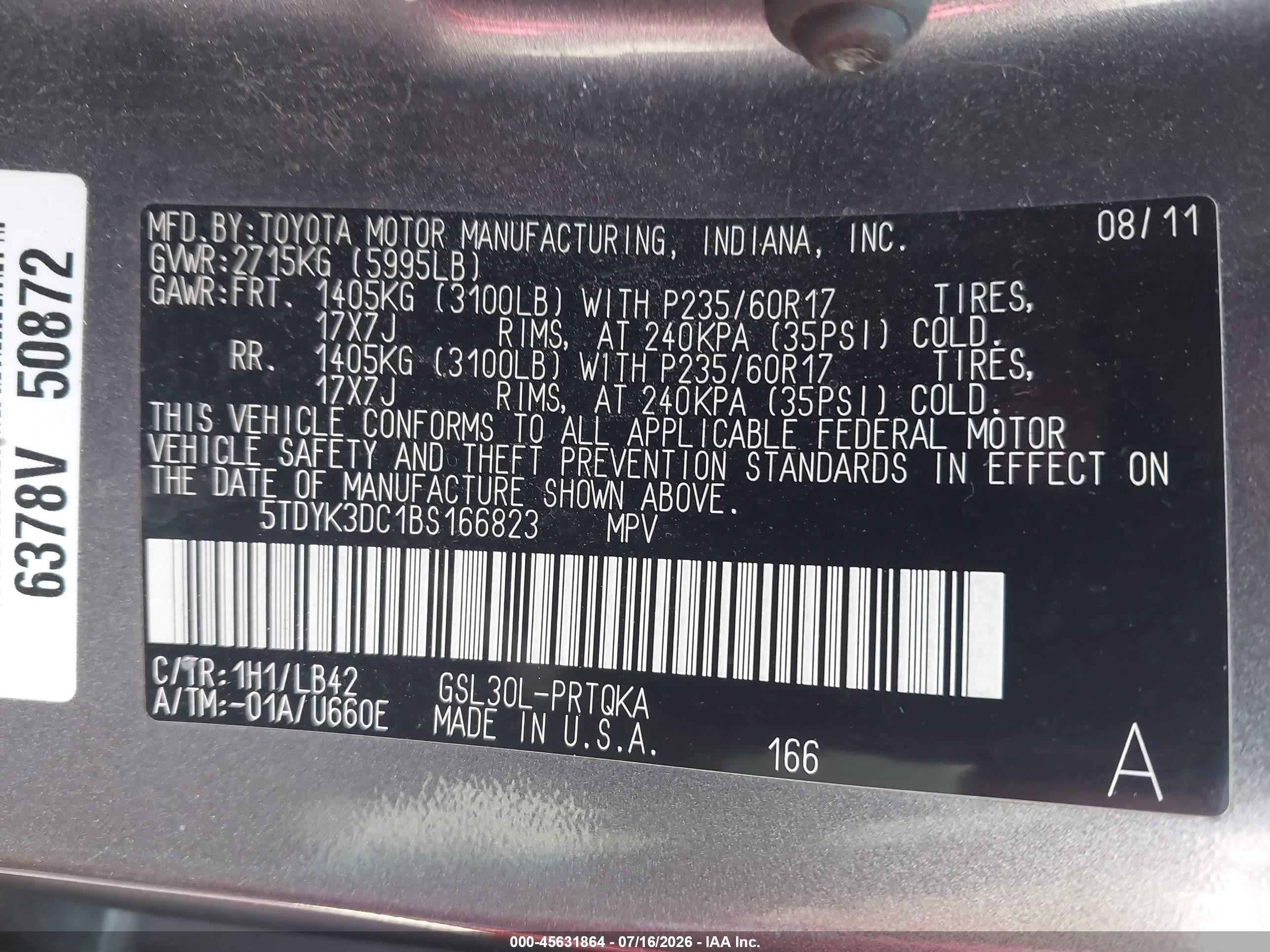 2011 Toyota Sienna Xle V6 Gray vin: 5TDYK3DC1BS166823