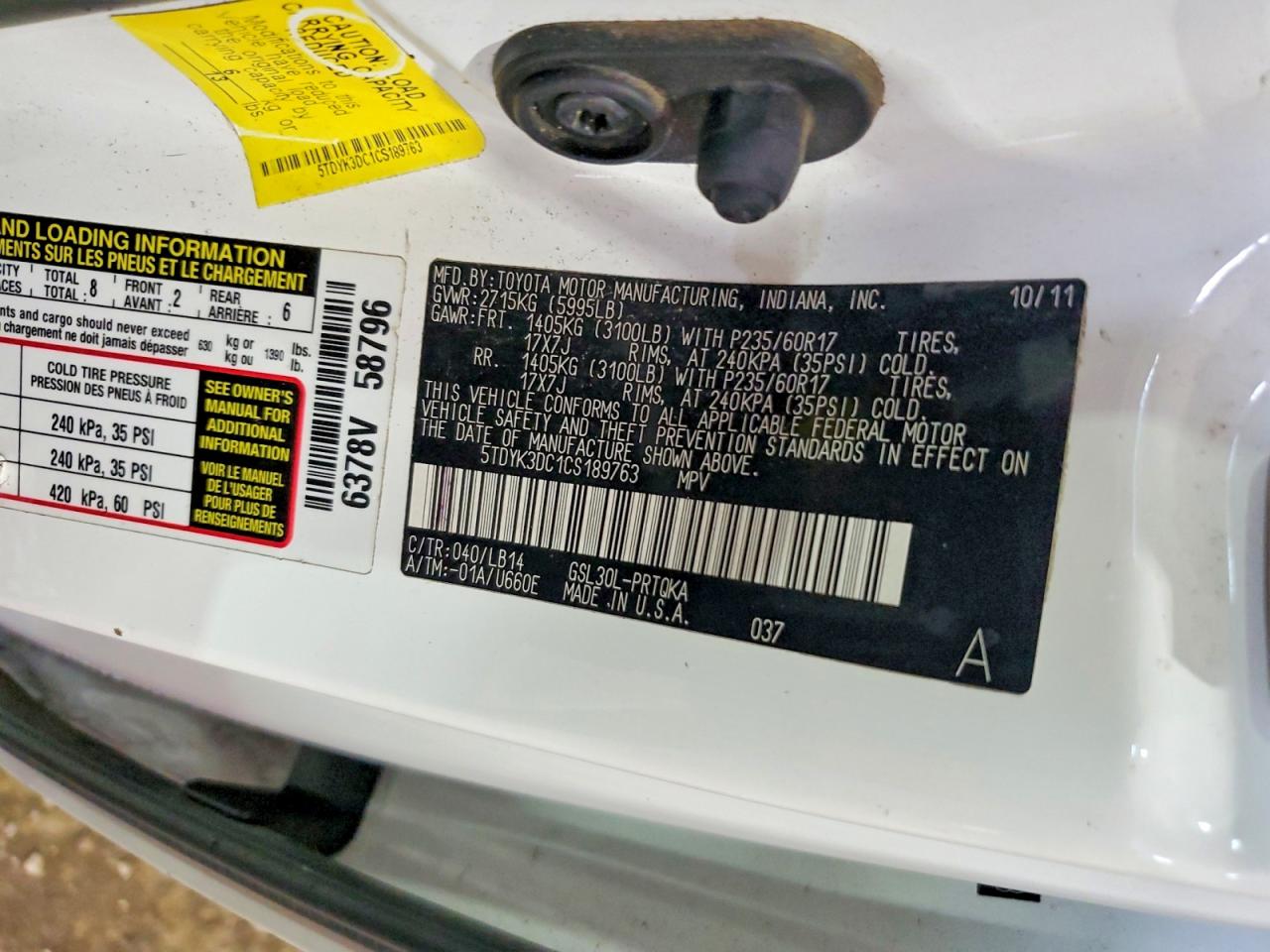 2012 Toyota Sienna White vin: 5TDYK3DC1CS189763