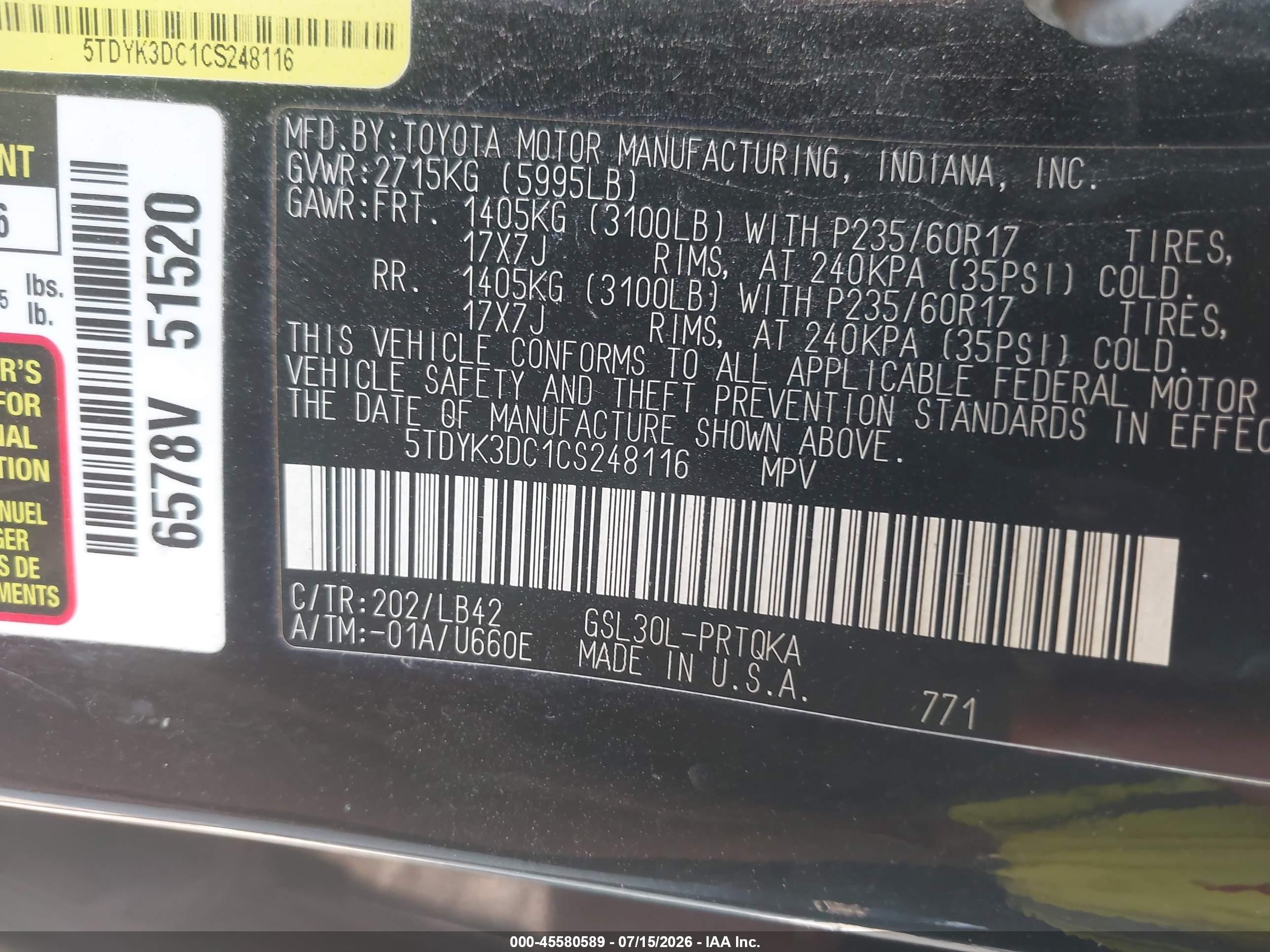 2012 Toyota Sienna Xle V6 8 Passenger Черный vin: 5TDYK3DC1CS248116