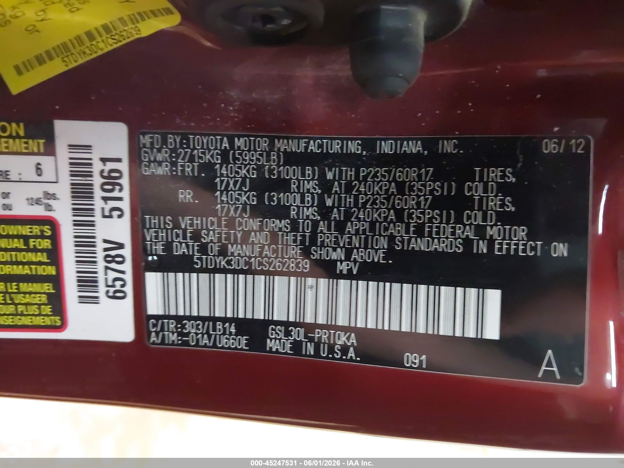 2012 Toyota Sienna Xle V6 8 Passenger Красный vin: 5TDYK3DC1CS262839