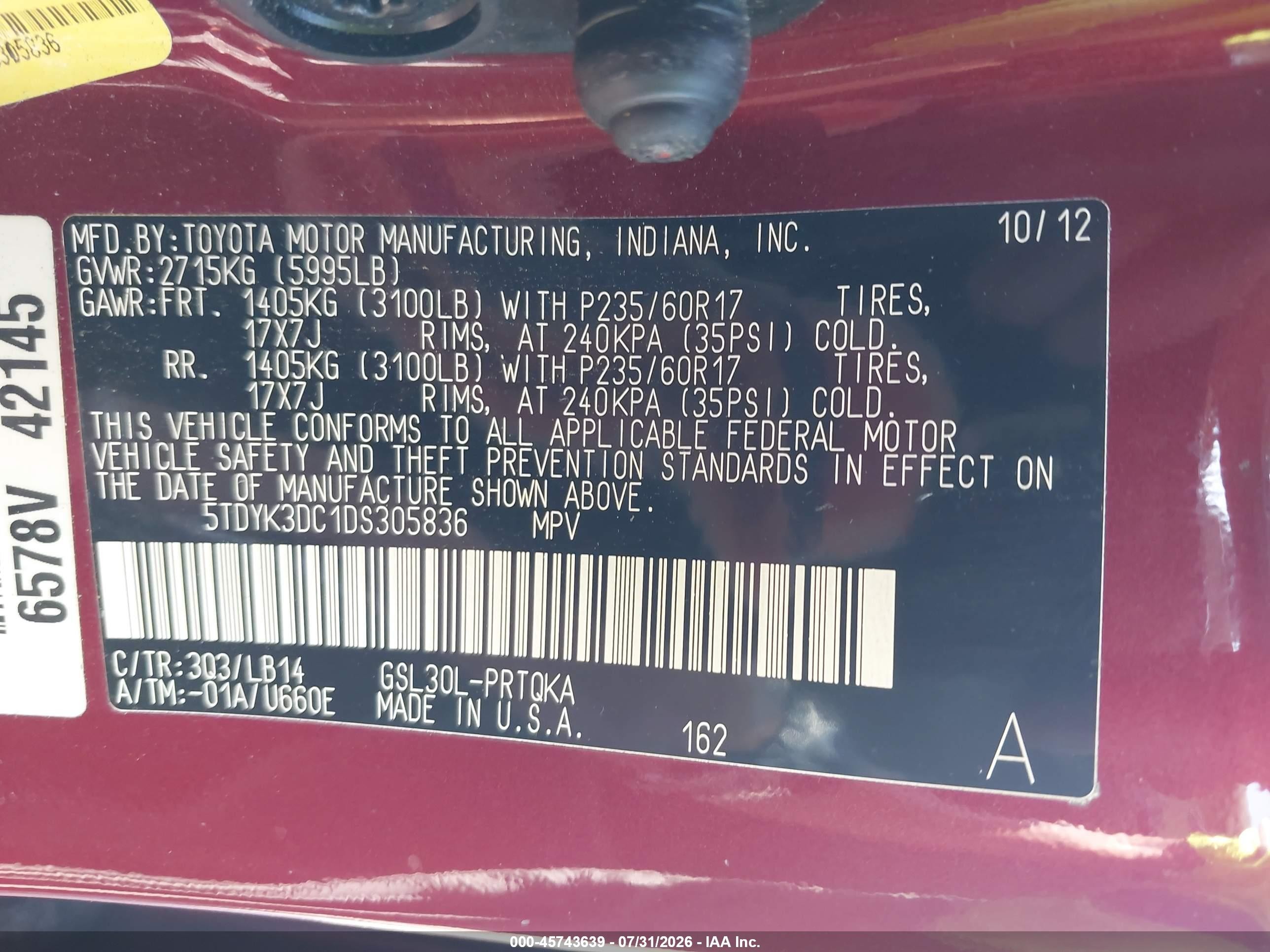 2013 Toyota Sienna Xle V6 8 Passenger Red vin: 5TDYK3DC1DS305836