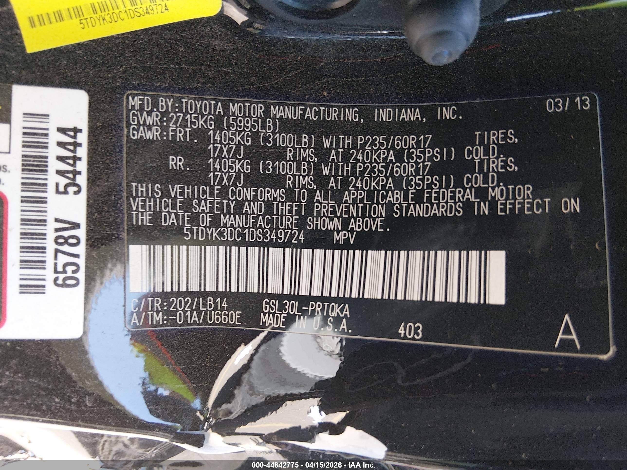 2013 Toyota Sienna Xle V6 8 Passenger Black vin: 5TDYK3DC1DS349724