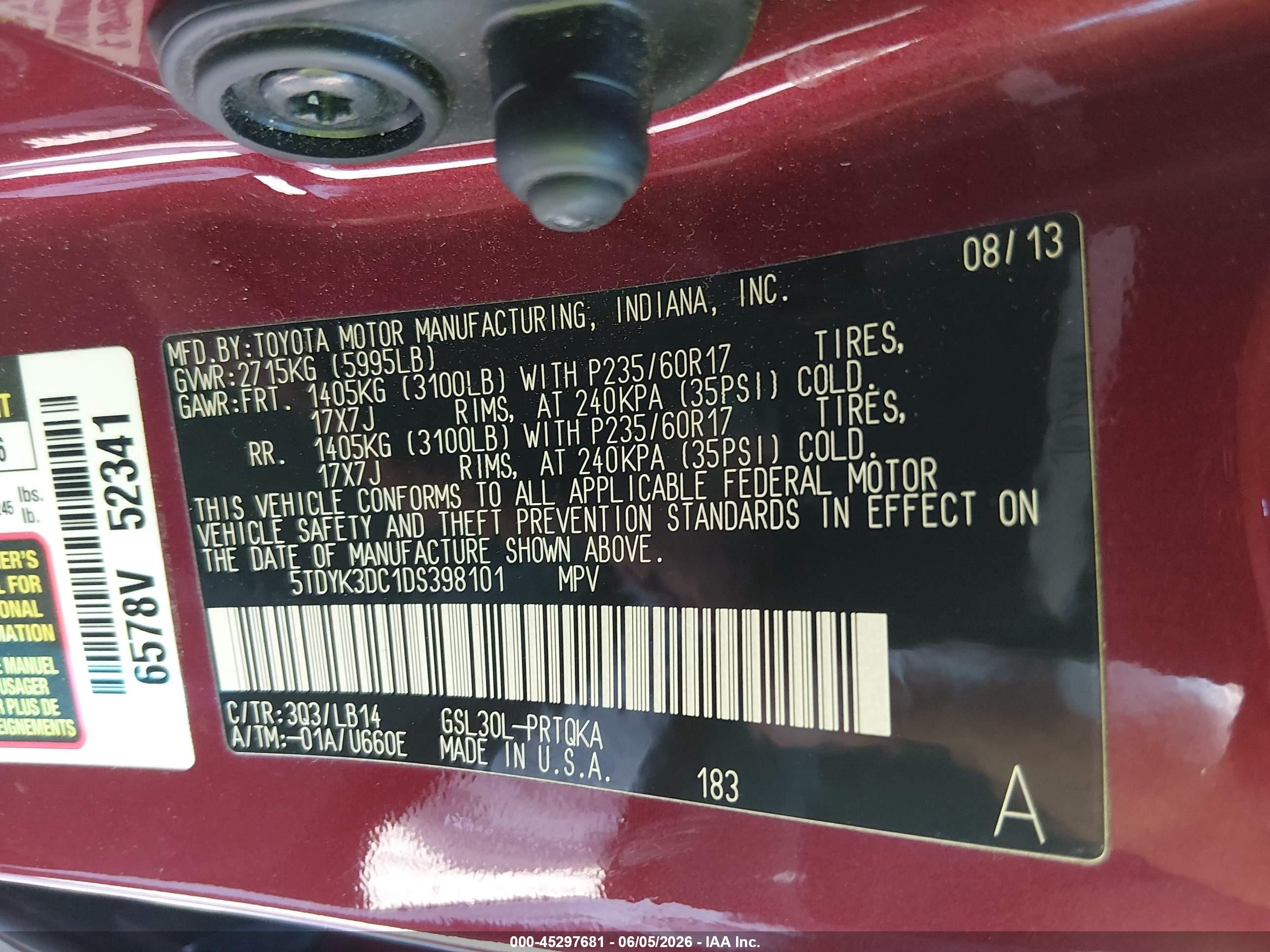 2013 Toyota Sienna Xle V6 8 Passenger Burgundy vin: 5TDYK3DC1DS398101