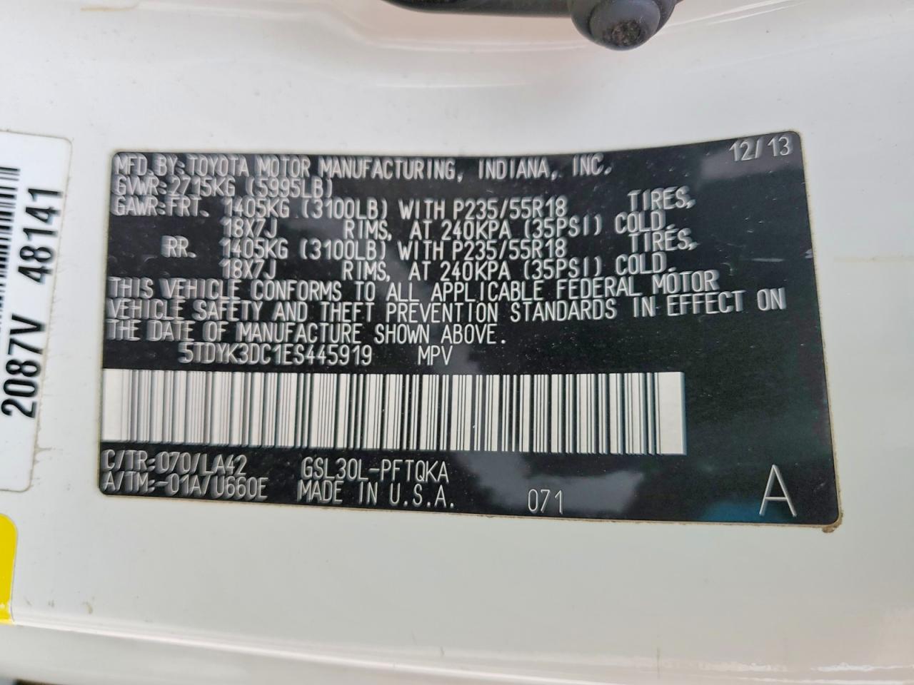 2014 Toyota Sienna Limited 7-passenger White vin: 5TDYK3DC1ES445919