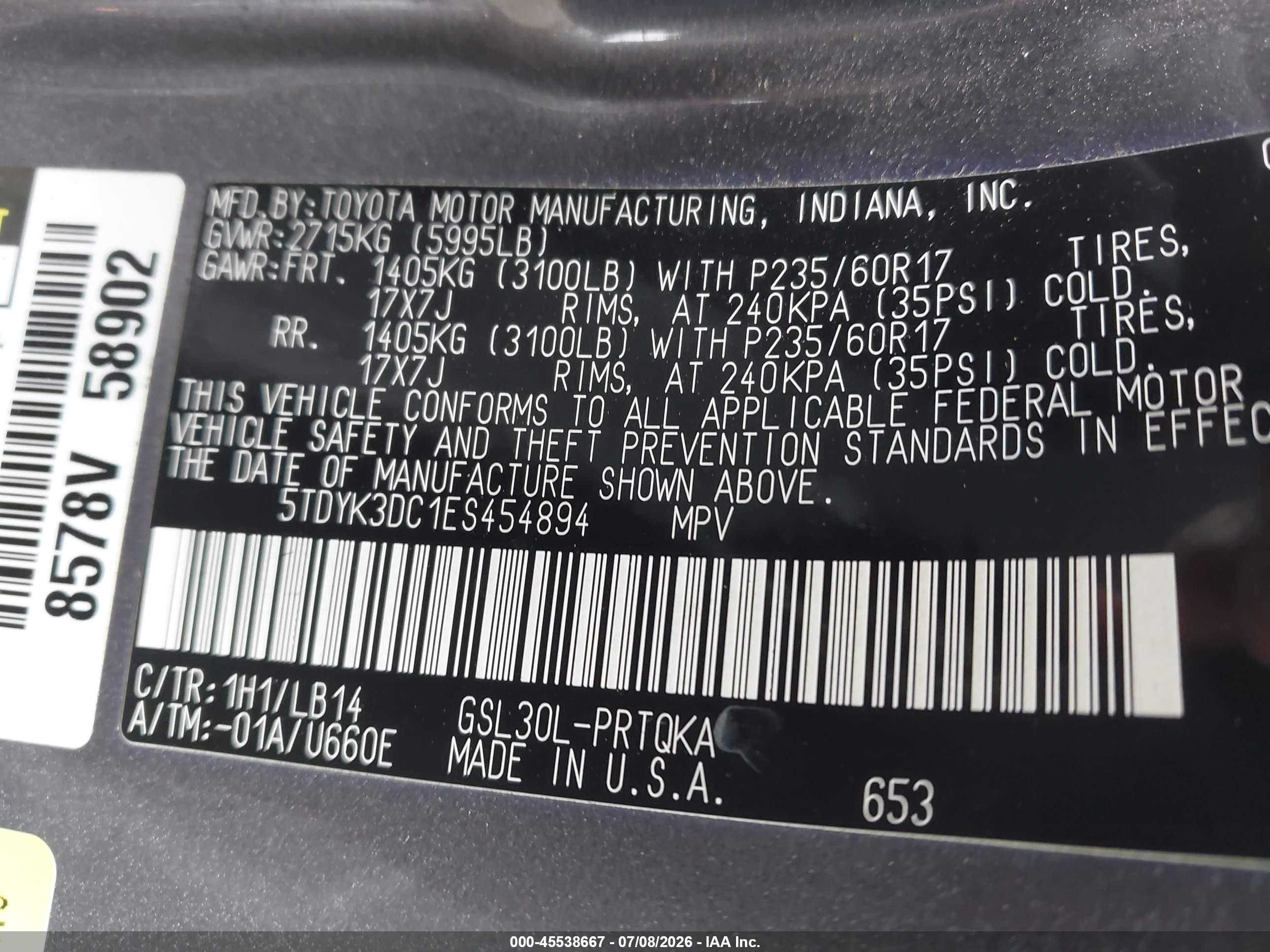 2014 Toyota Sienna Xle V6 8 Passenger Gray vin: 5TDYK3DC1ES454894
