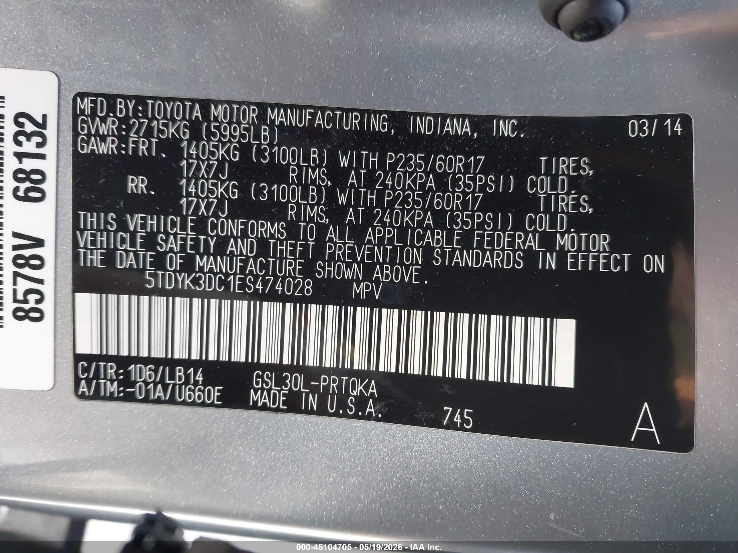 2014 Toyota Sienna Xle V6 7 Passenger Auto Access Seat/xle V6 8 Passenger Silver vin: 5TDYK3DC1ES474028