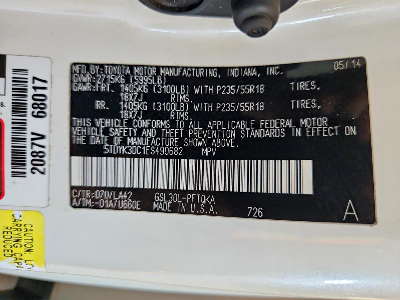 2014 Toyota Sienna Limited 7-passenger Белый vin: 5TDYK3DC1ES490682