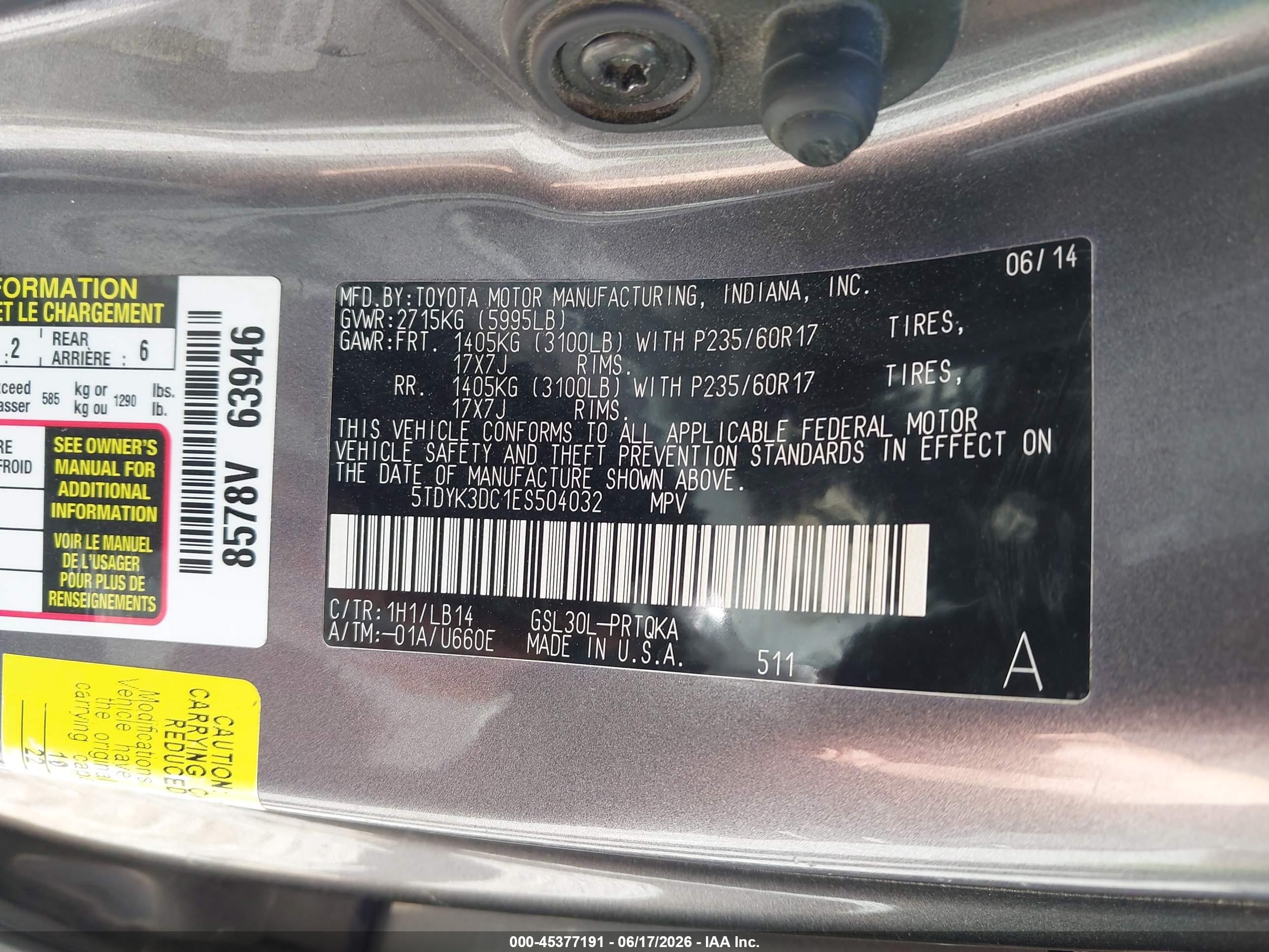 2014 Toyota Sienna Xle V6 8 Passenger Silver vin: 5TDYK3DC1ES504032