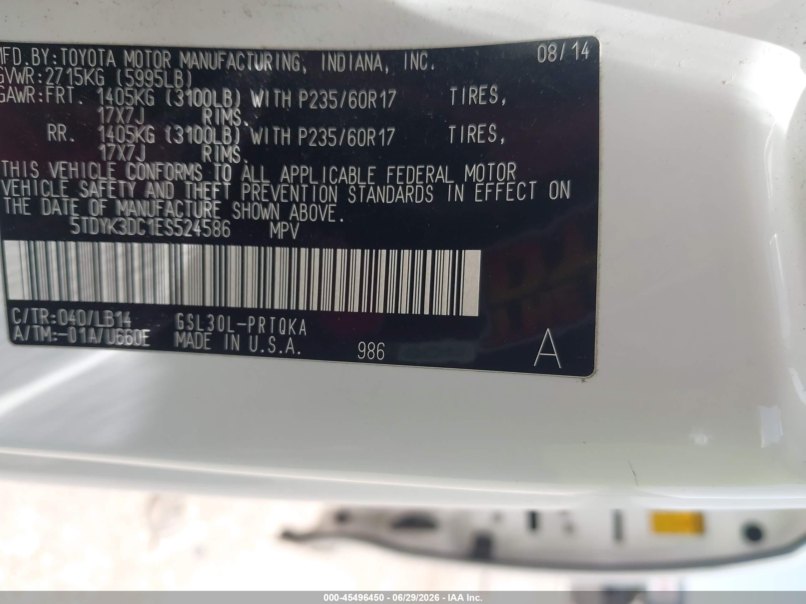 2014 Toyota Sienna Xle V6 8 Passenger White vin: 5TDYK3DC1ES524586