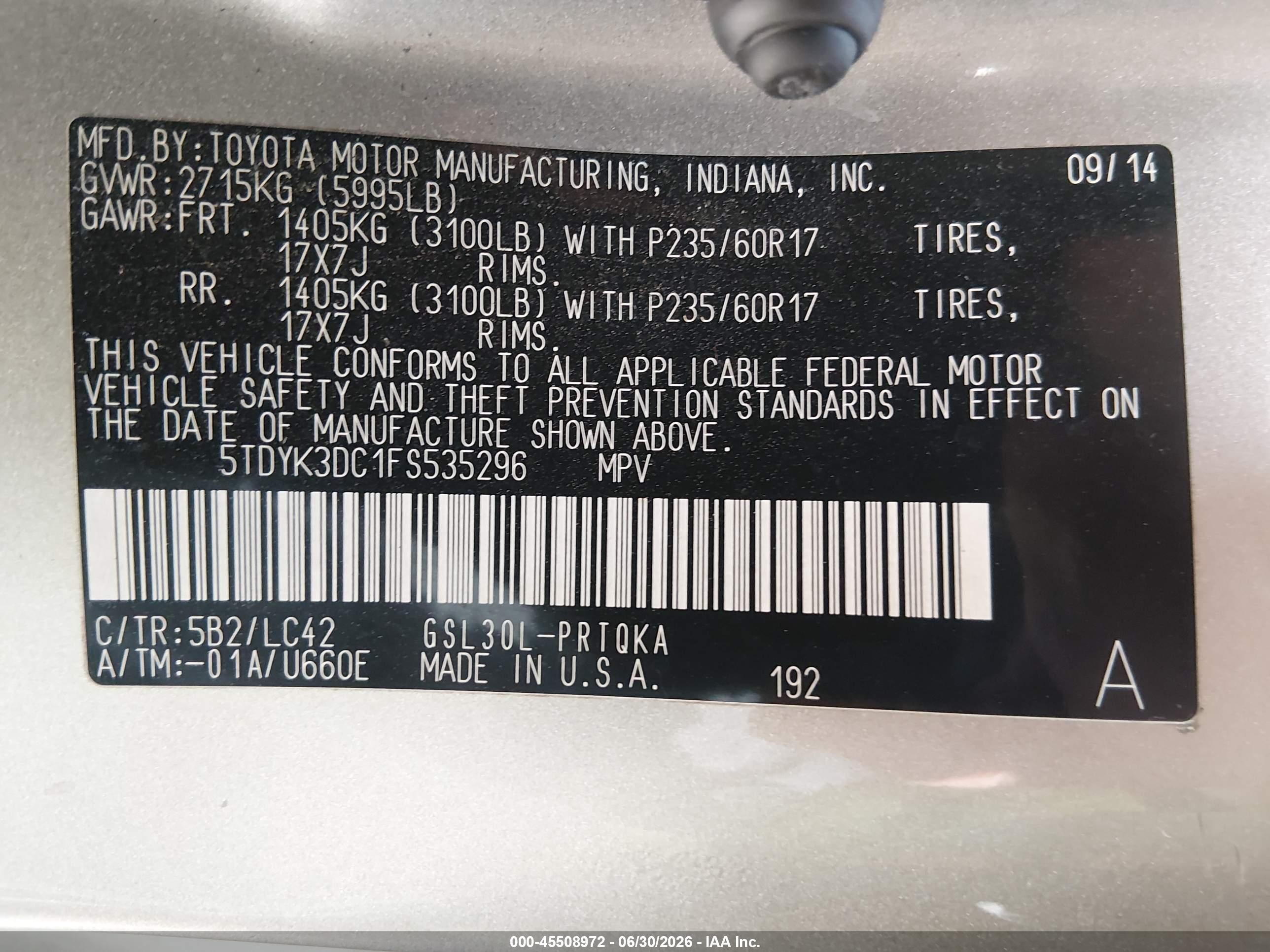2015 Toyota Sienna Xle 8 Passenger Beige vin: 5TDYK3DC1FS535296