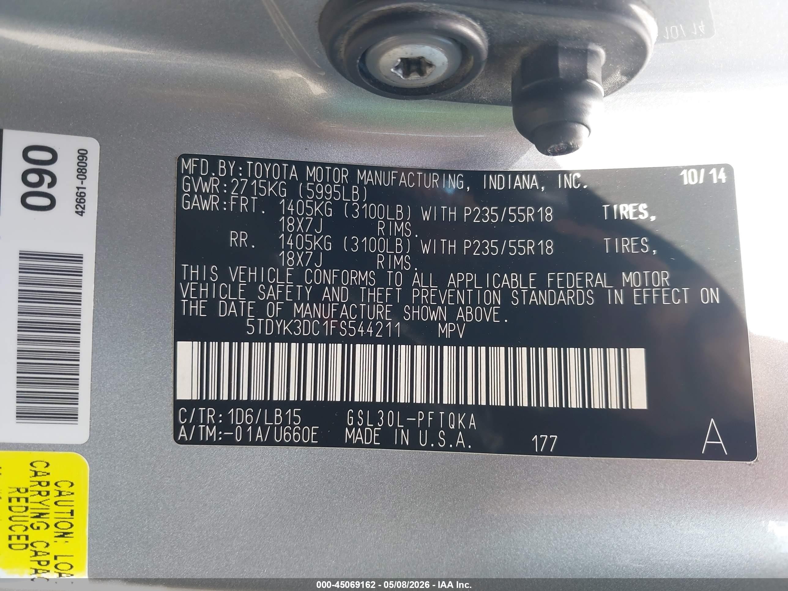 2015 Toyota Sienna Limited Premium 7 Passenger Silver vin: 5TDYK3DC1FS544211