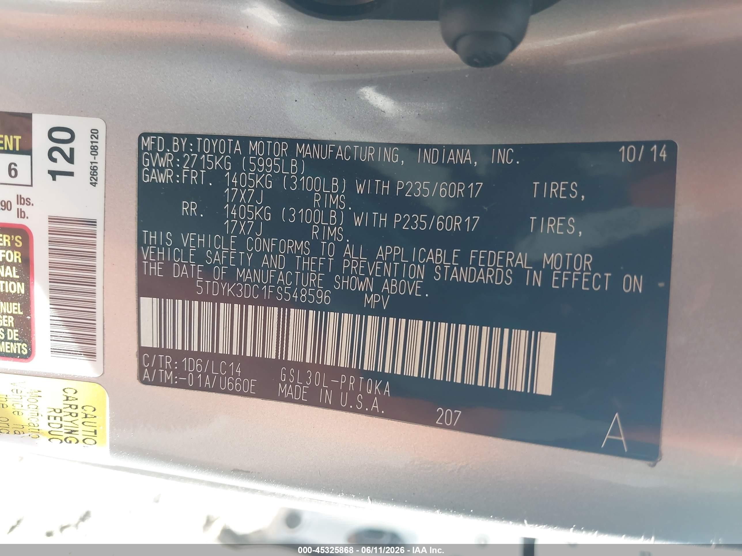 2015 Toyota Sienna Xle 8 Passenger Gray vin: 5TDYK3DC1FS548596