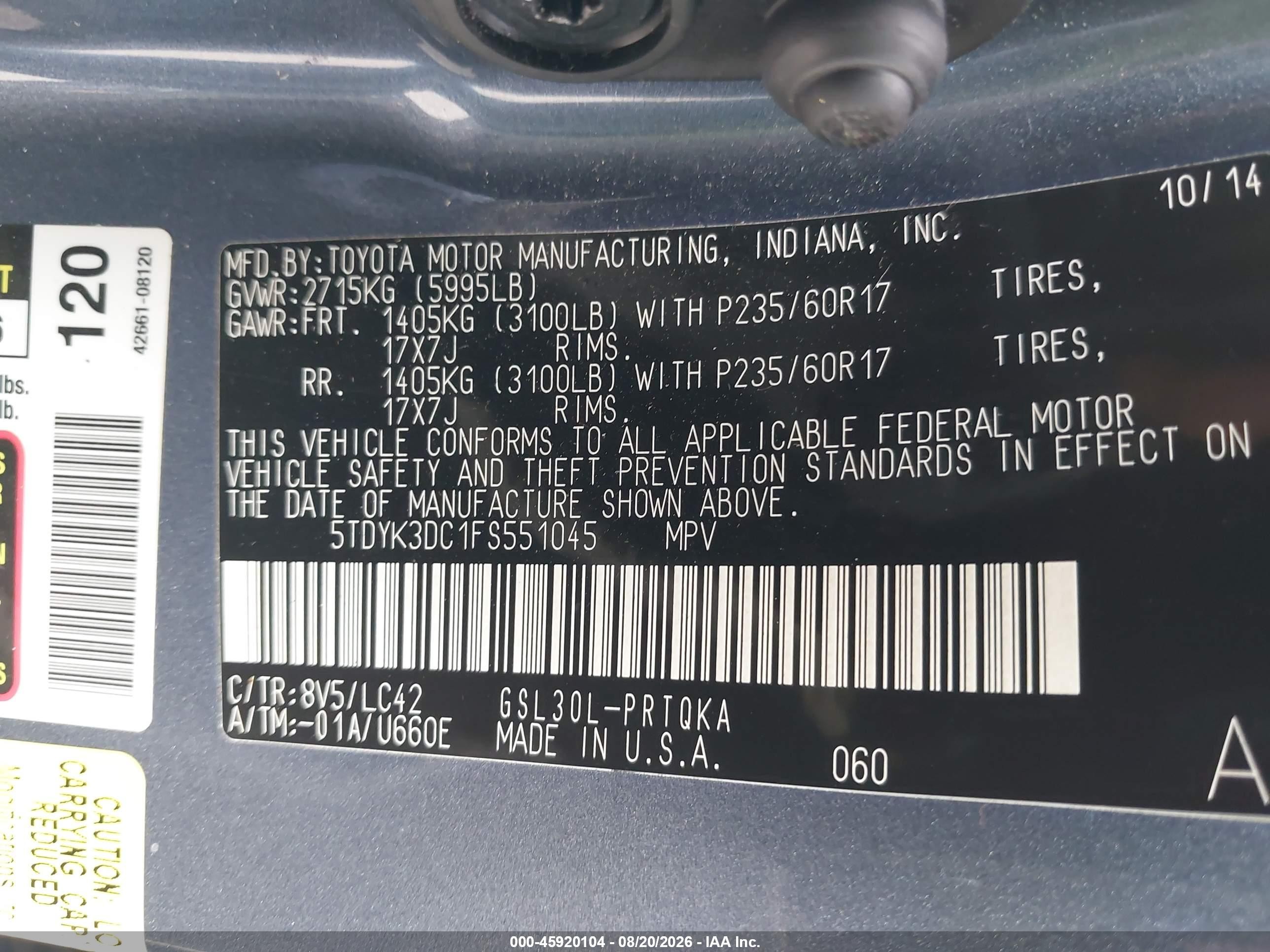 2015 Toyota Sienna Xle/limited Blue vin: 5TDYK3DC1FS551045