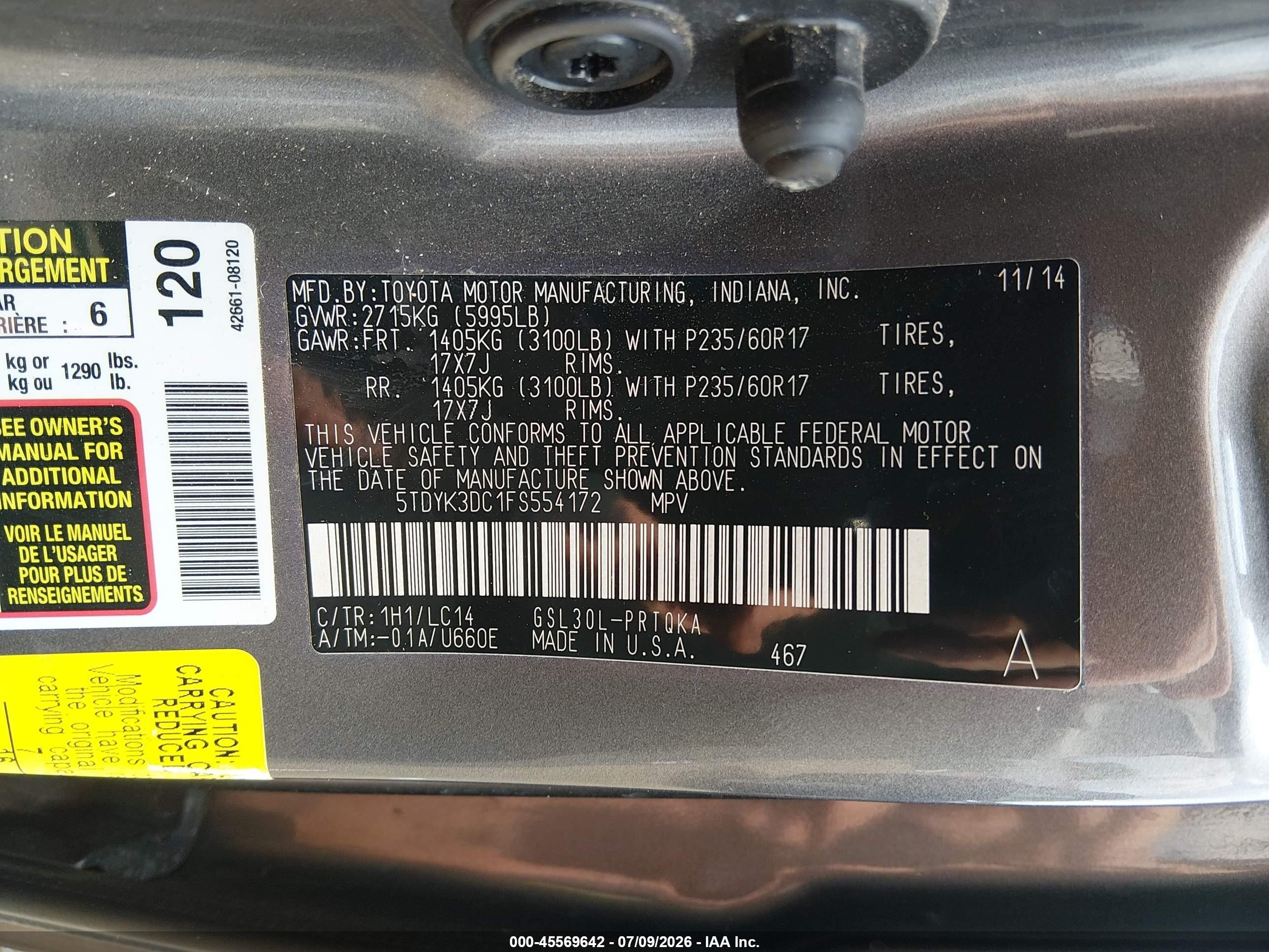 2015 Toyota Sienna Xle 8 Passenger Gray vin: 5TDYK3DC1FS554172