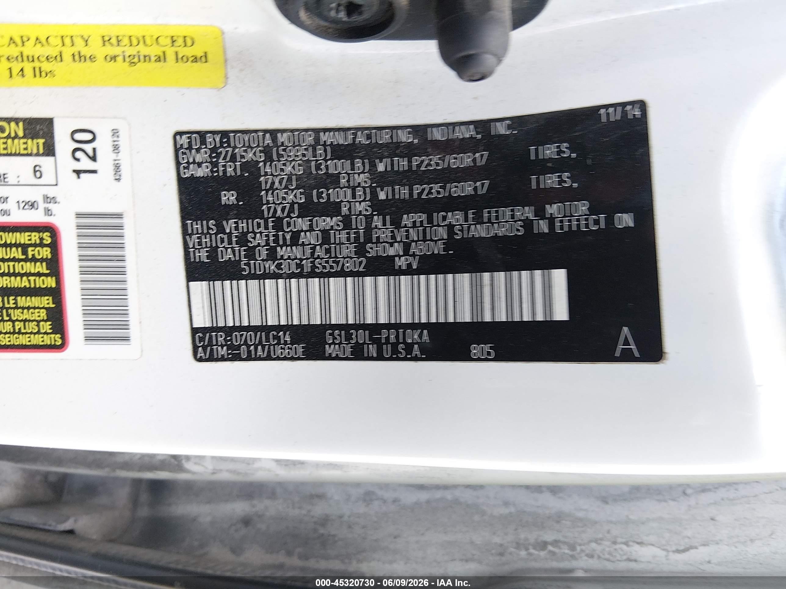 2015 Toyota Sienna Xle Premium 8 Passenger White vin: 5TDYK3DC1FS557802