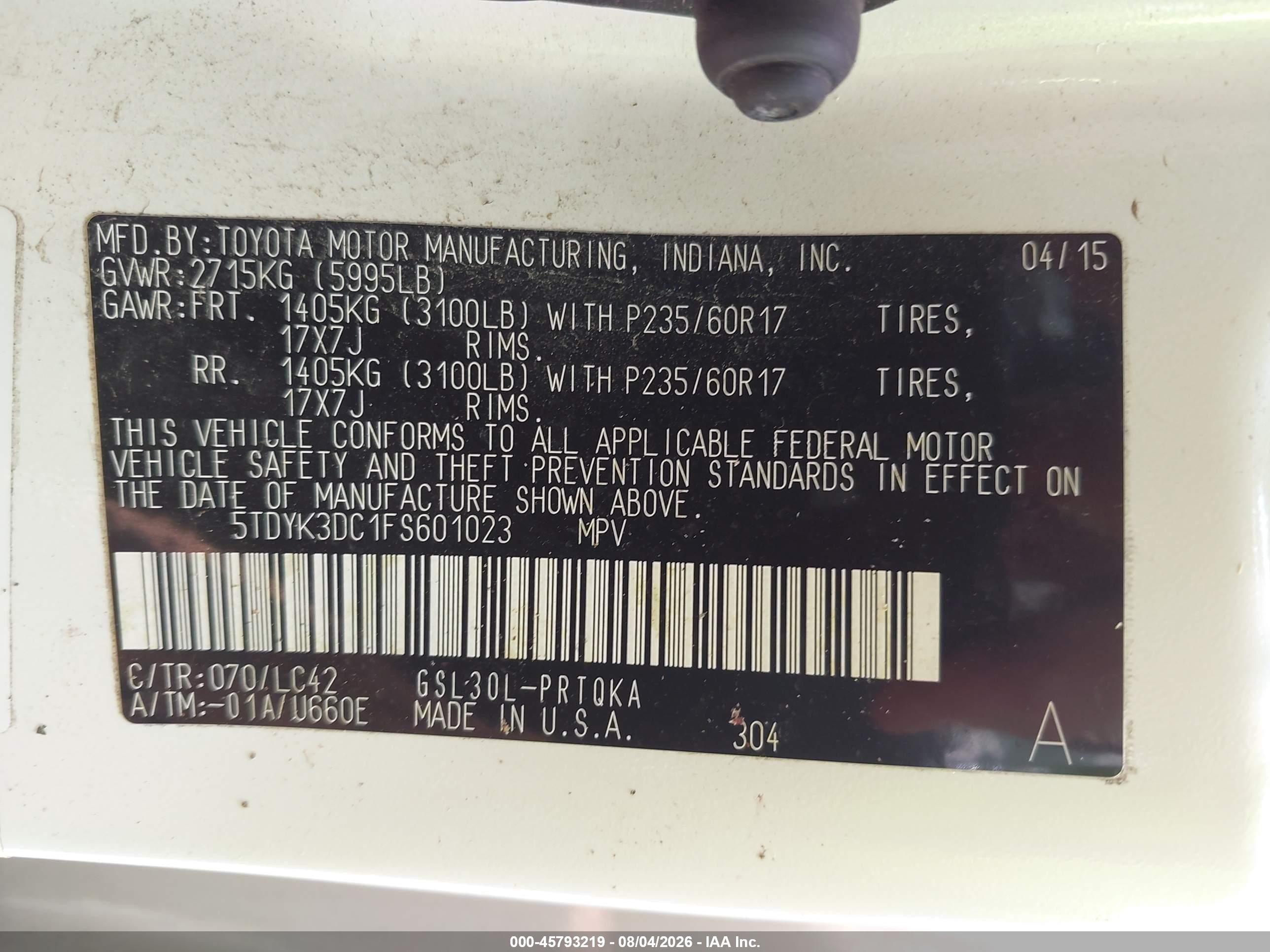 2015 Toyota Sienna Xle 8 Passenger White vin: 5TDYK3DC1FS601023