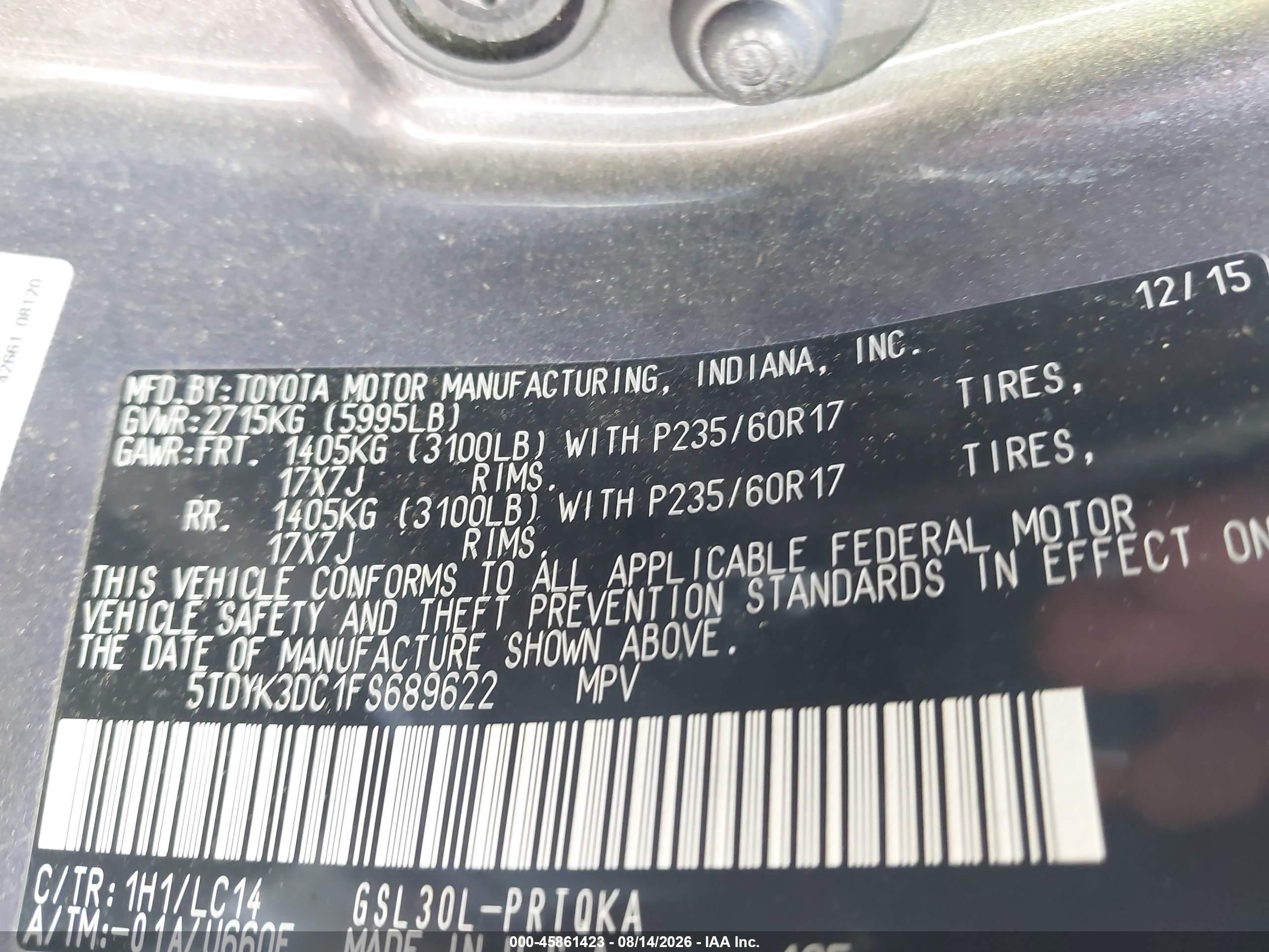2015 Toyota Sienna Xle 8 Passenger Gray vin: 5TDYK3DC1FS689622