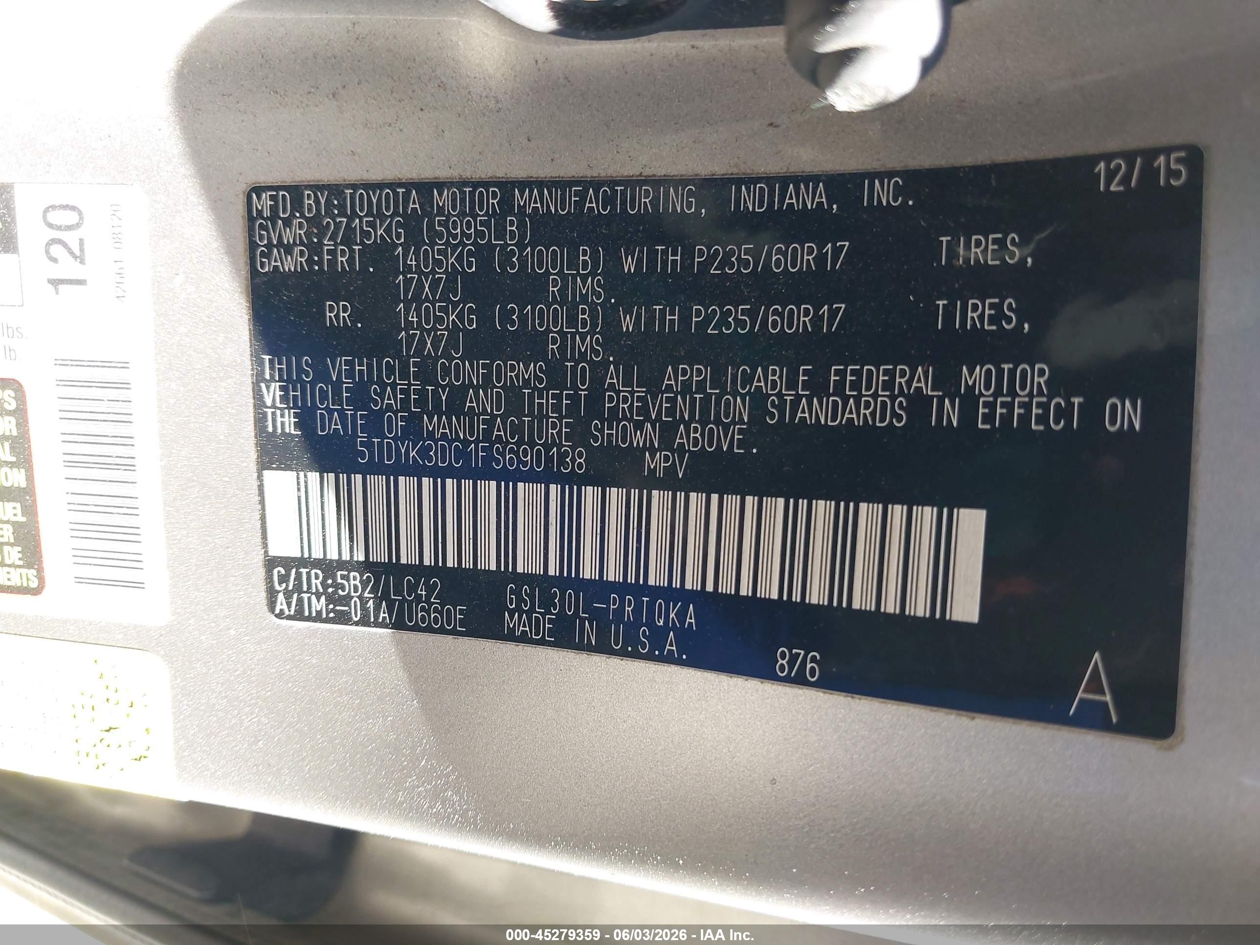 2015 Toyota Sienna Xle 8 Passenger Tan vin: 5TDYK3DC1FS690138