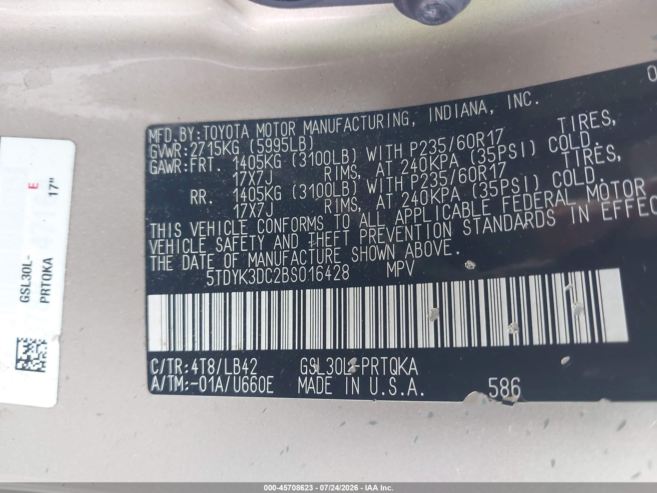 2011 Toyota Sienna Xle V6 Gold vin: 5TDYK3DC2BS016428