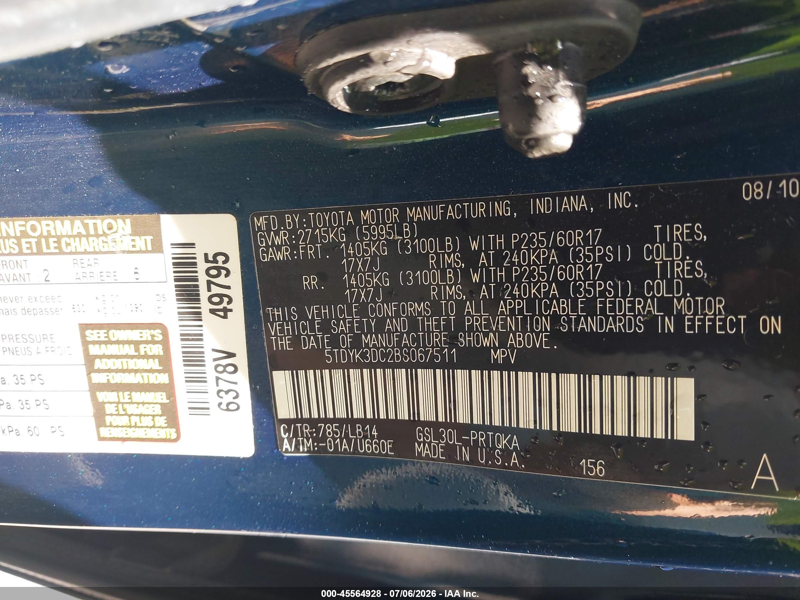 2011 Toyota Sienna Xle V6 Blue vin: 5TDYK3DC2BS067511