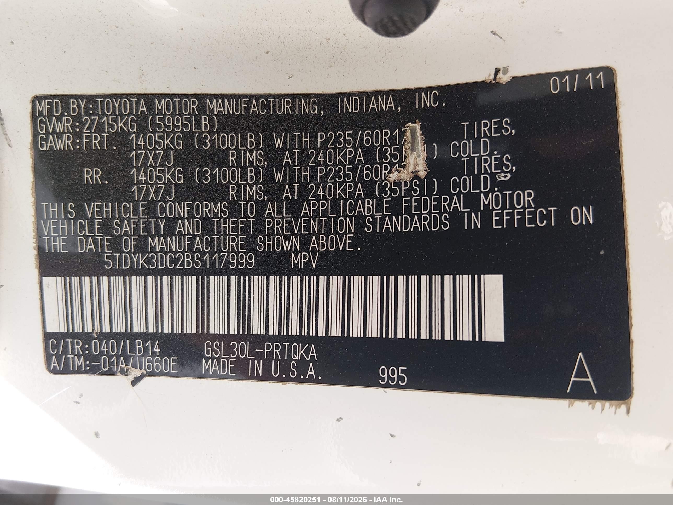 2011 Toyota Sienna Xle V6 White vin: 5TDYK3DC2BS117999
