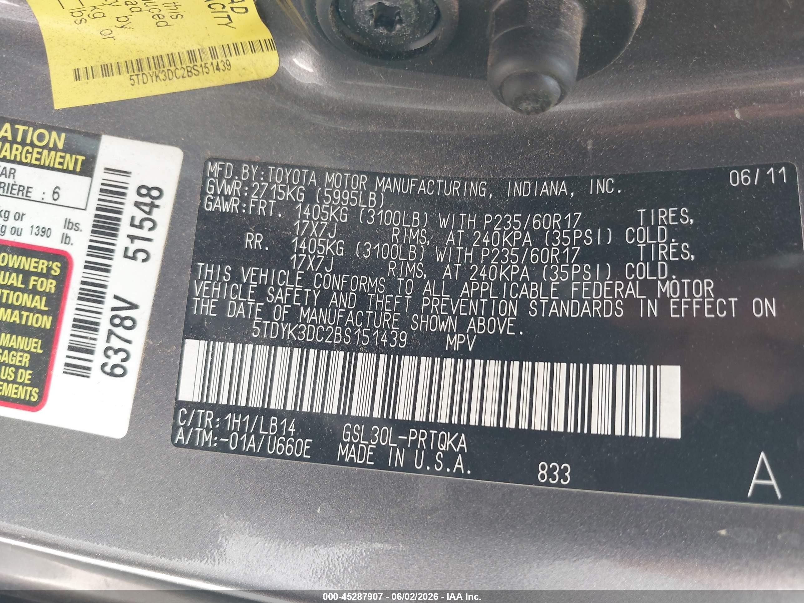 2011 Toyota Sienna Xle V6 Серый vin: 5TDYK3DC2BS151439