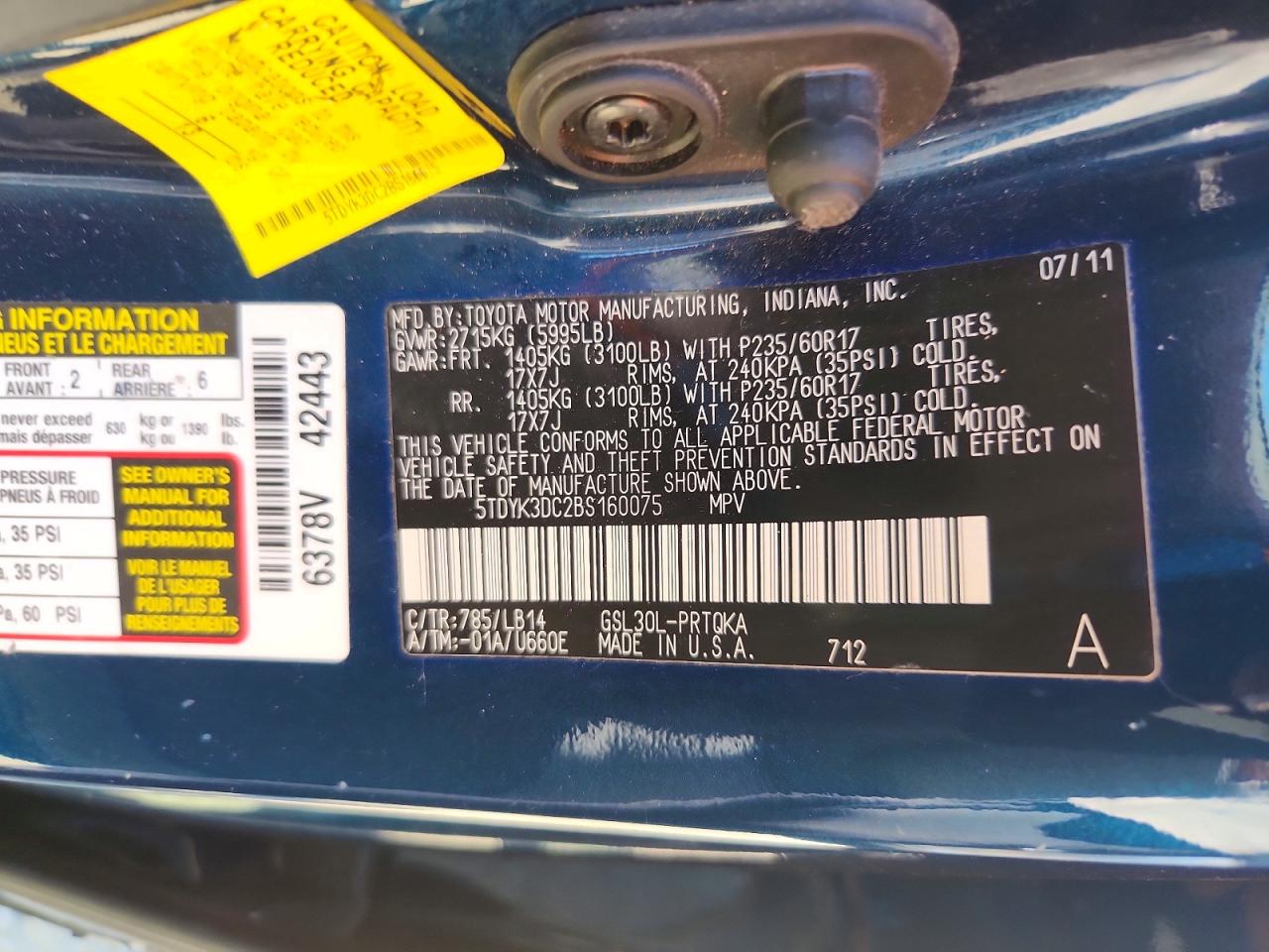 2011 Toyota Sienna Xle 8-passenger Blue vin: 5TDYK3DC2BS160075