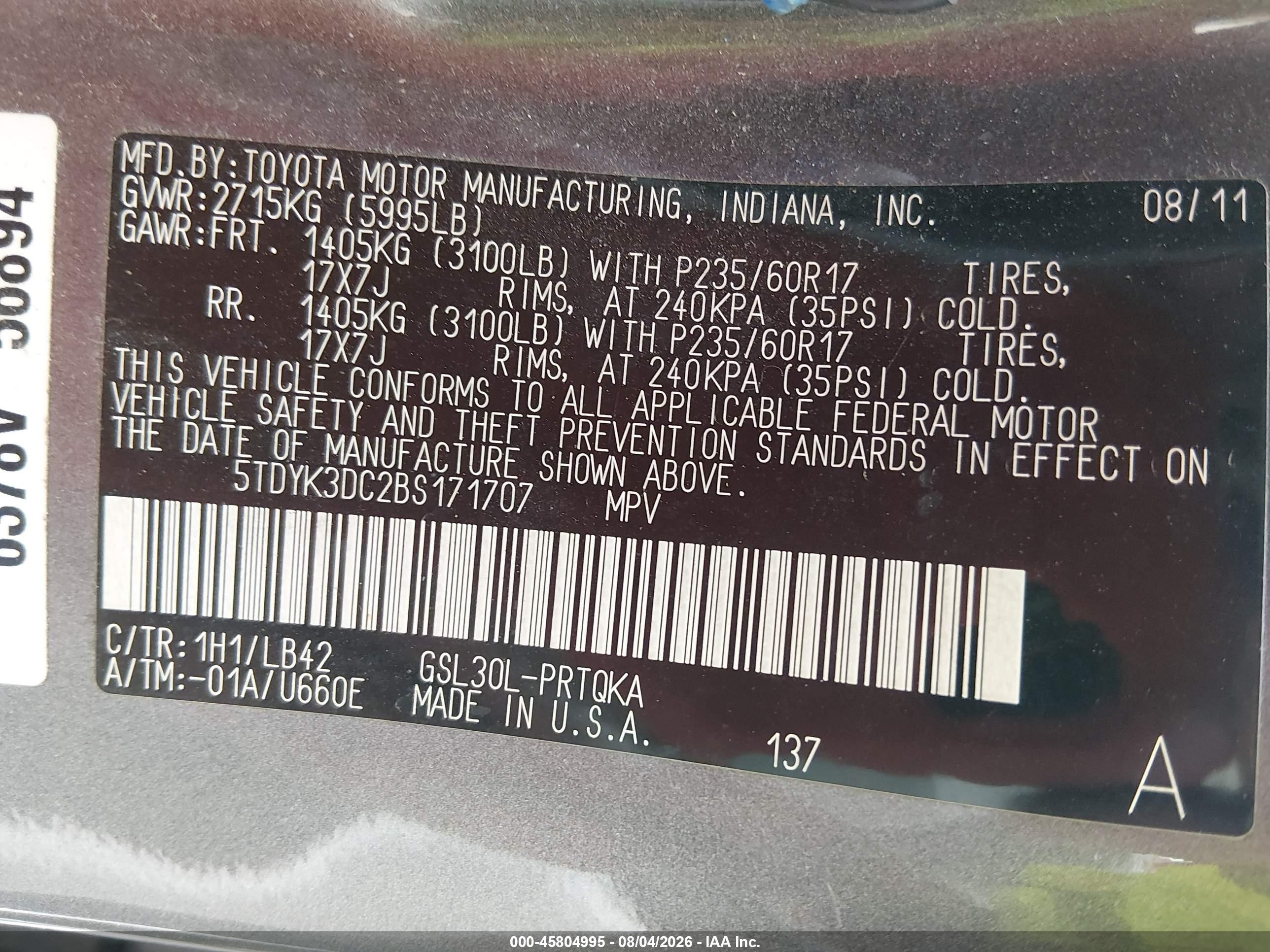 2011 Toyota Sienna Xle V6 Gray vin: 5TDYK3DC2BS171707