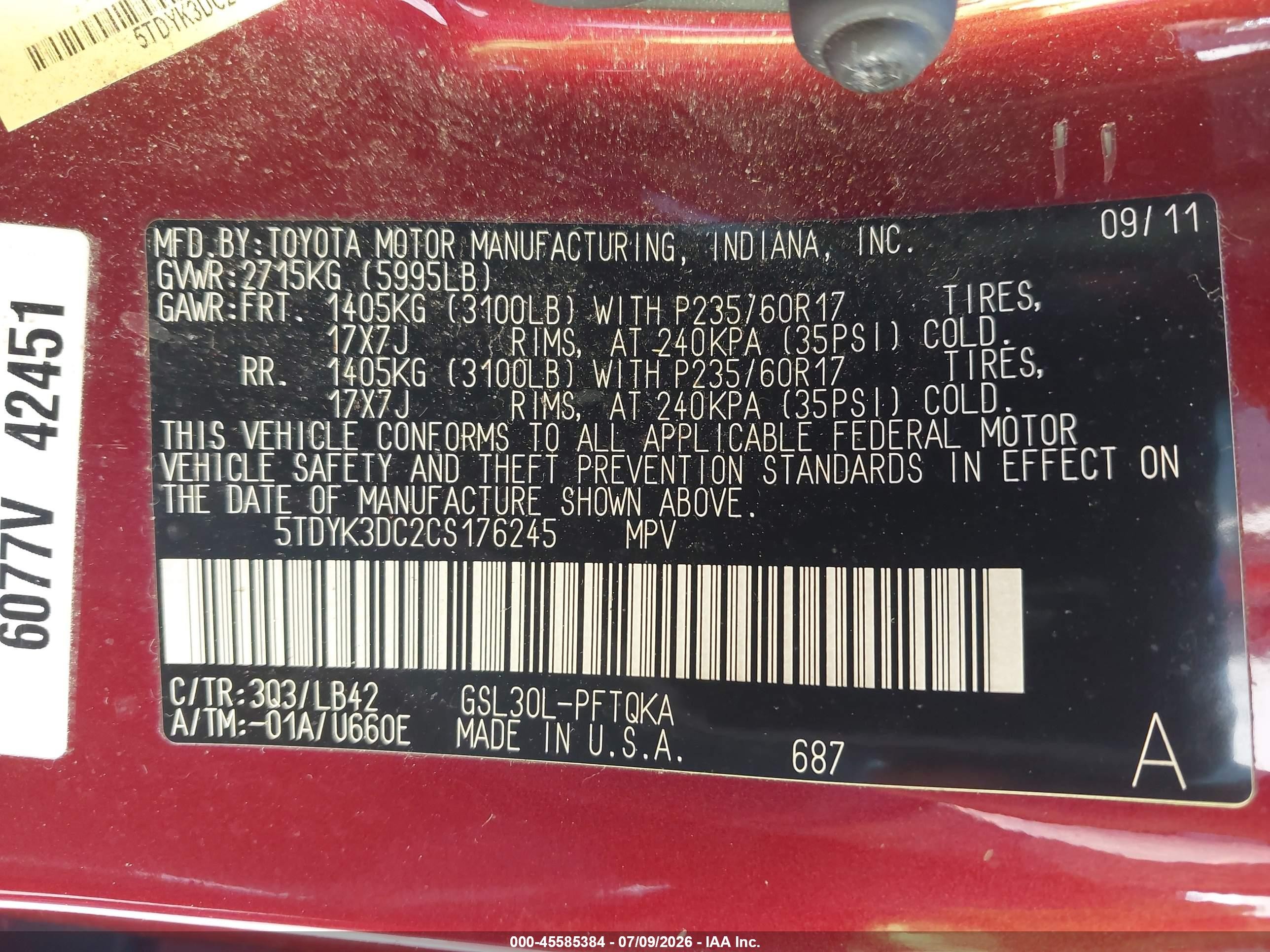 2012 Toyota Sienna Xle V6 7 Passenger Auto Access Seat Red vin: 5TDYK3DC2CS176245