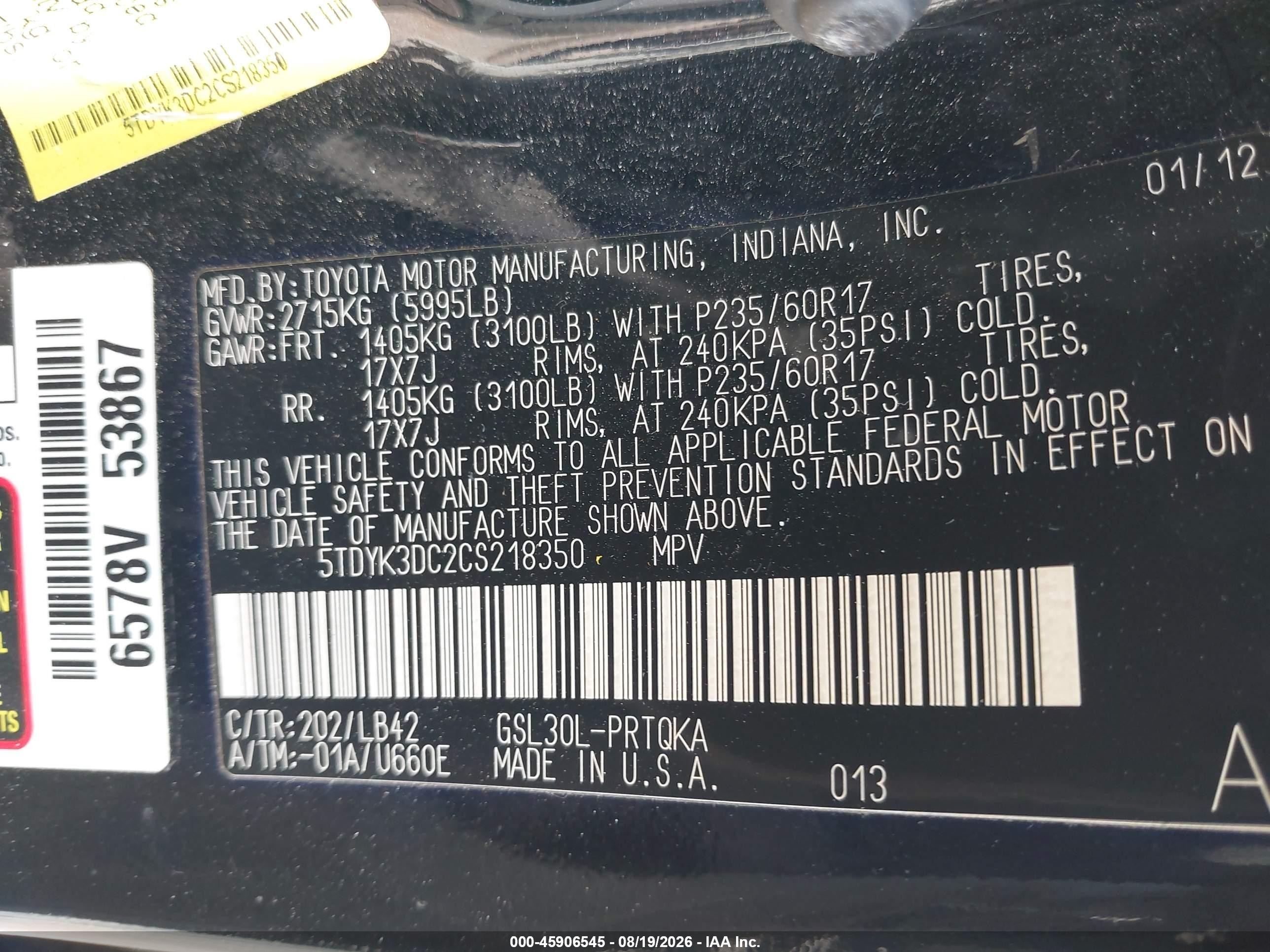 2012 Toyota Sienna Xle V6 8 Passenger Black vin: 5TDYK3DC2CS218350