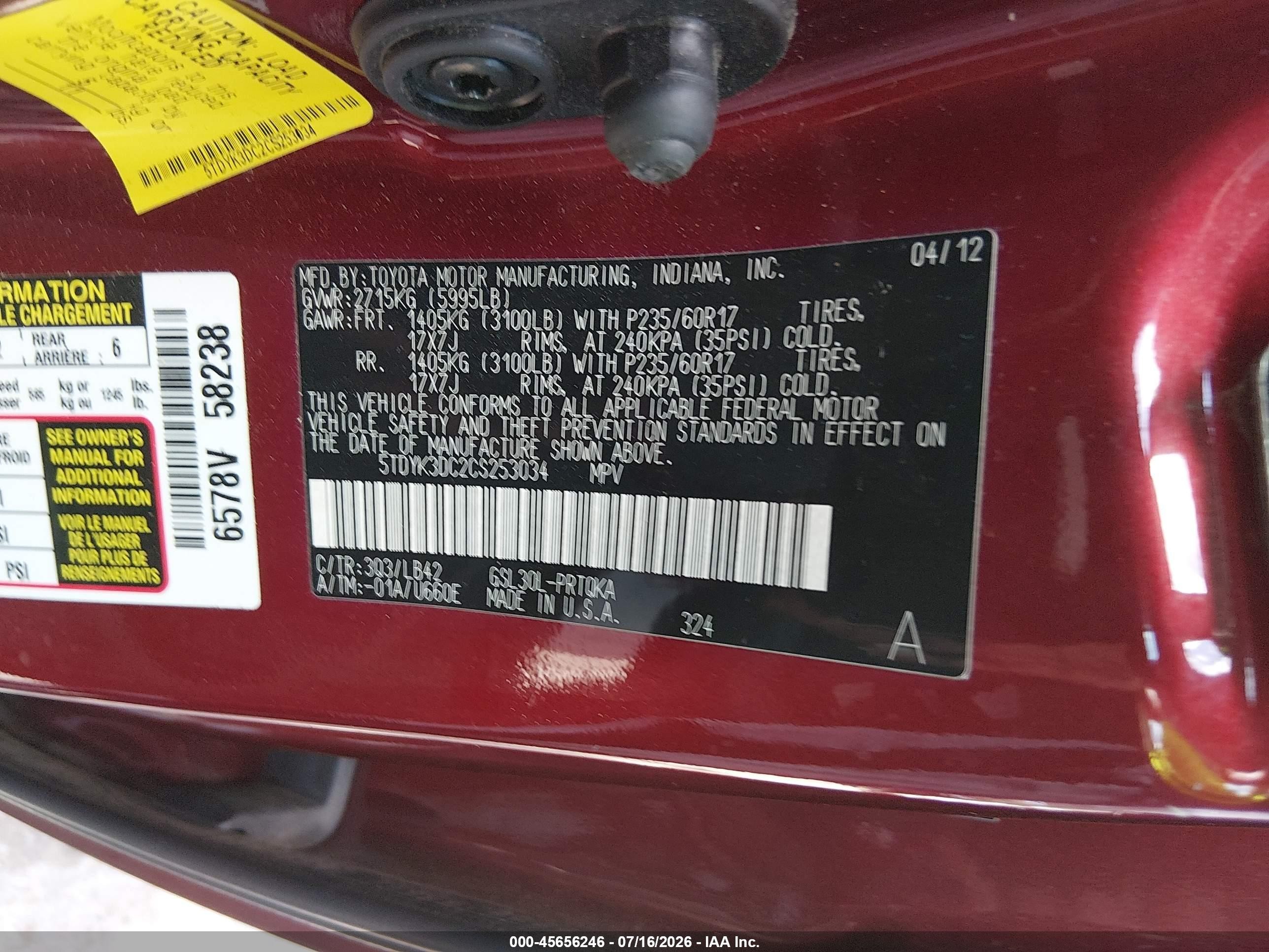2012 Toyota Sienna Xle V6 8 Passenger Burgundy vin: 5TDYK3DC2CS253034