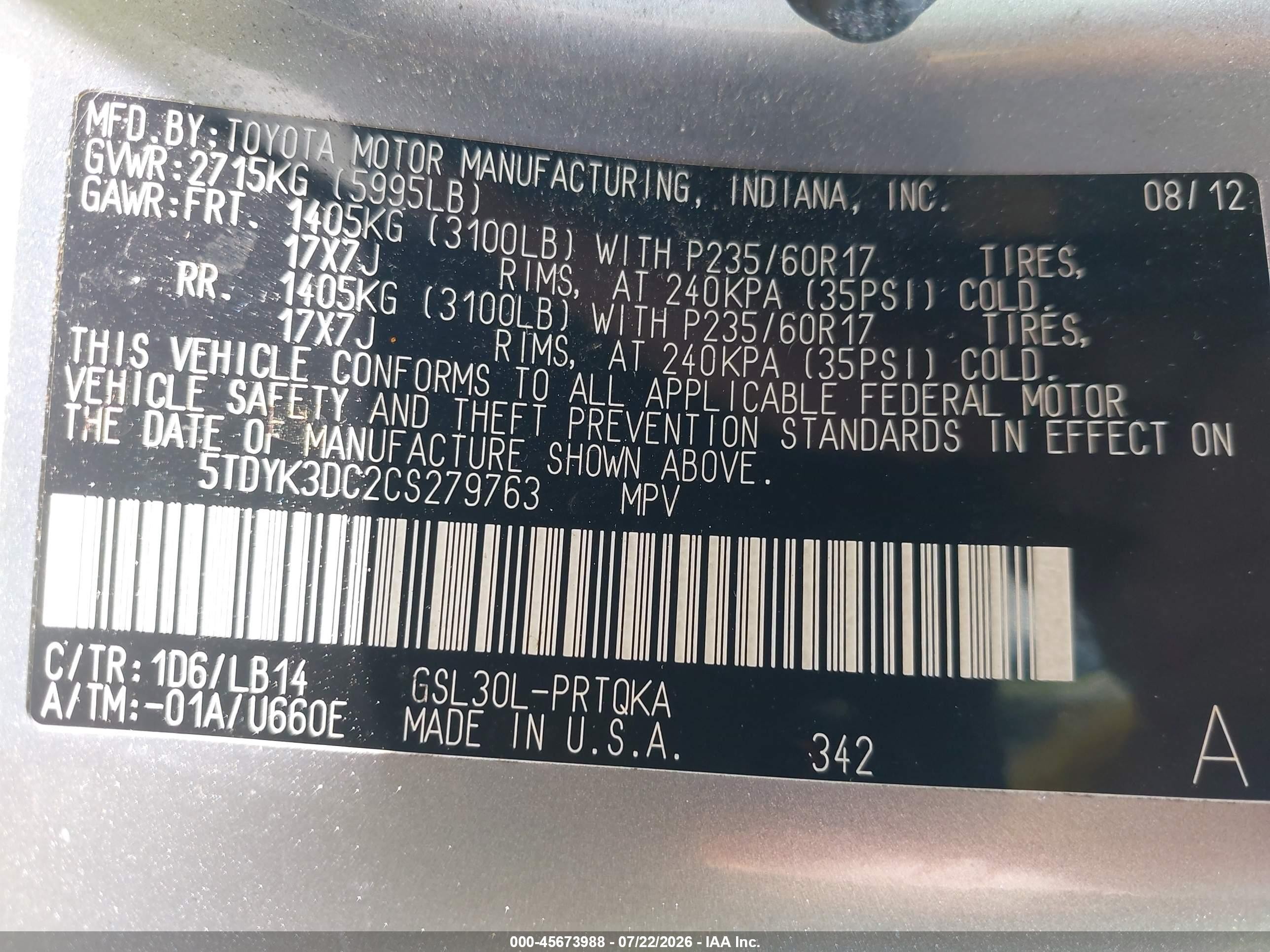 2012 Toyota Sienna Xle V6 8 Passenger Silver vin: 5TDYK3DC2CS279763