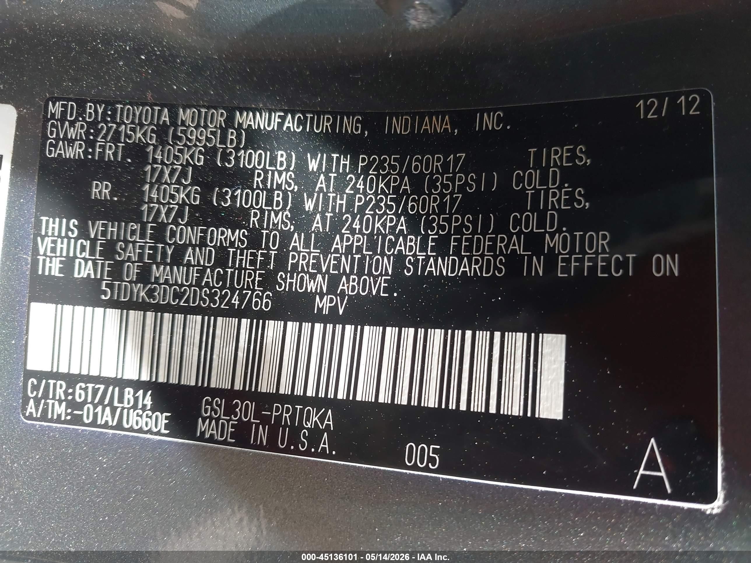 2013 Toyota Sienna Xle V6 8 Passenger Black vin: 5TDYK3DC2DS324766