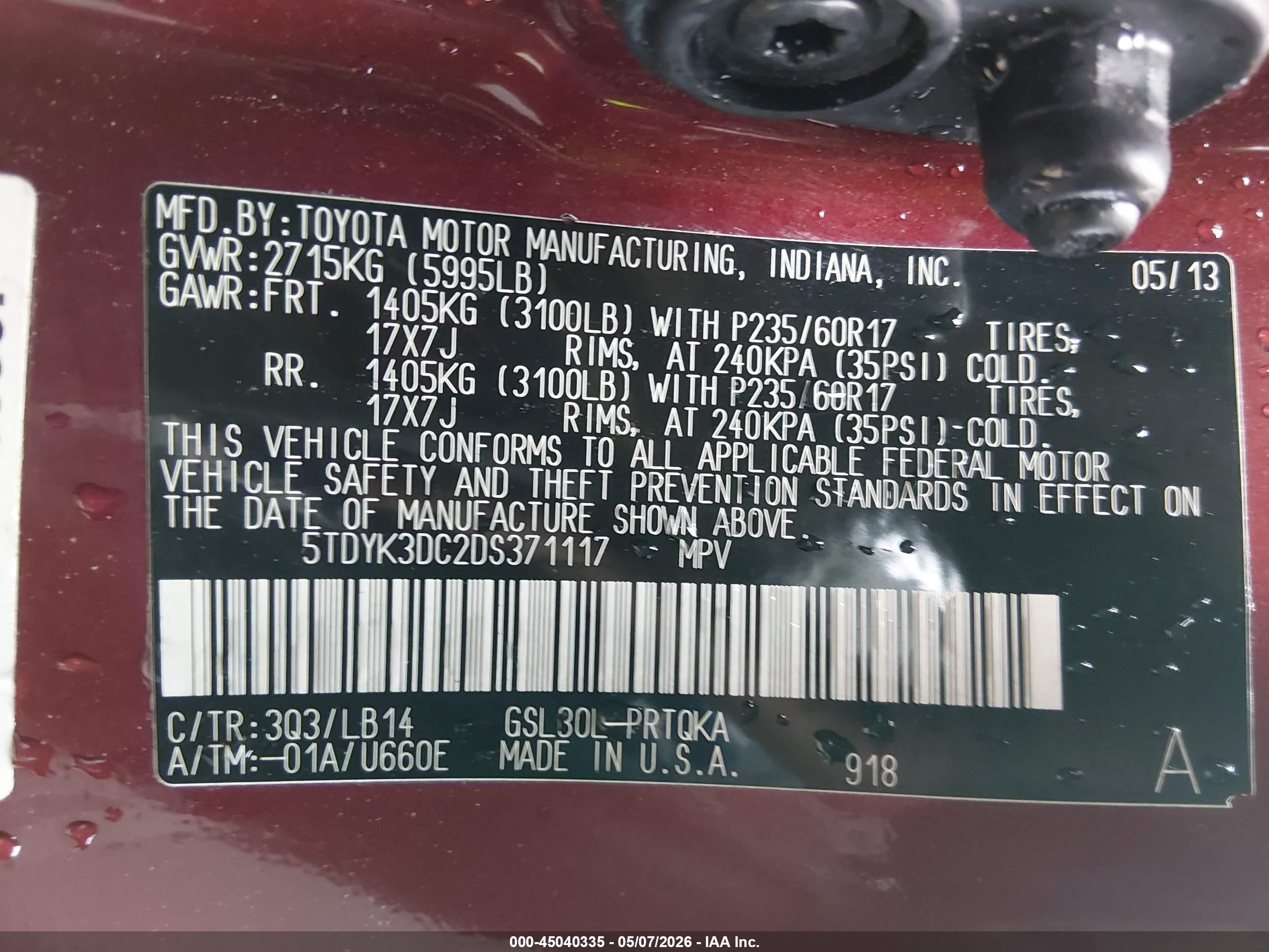 2013 Toyota Sienna Xle V6 8 Passenger Maroon vin: 5TDYK3DC2DS371117