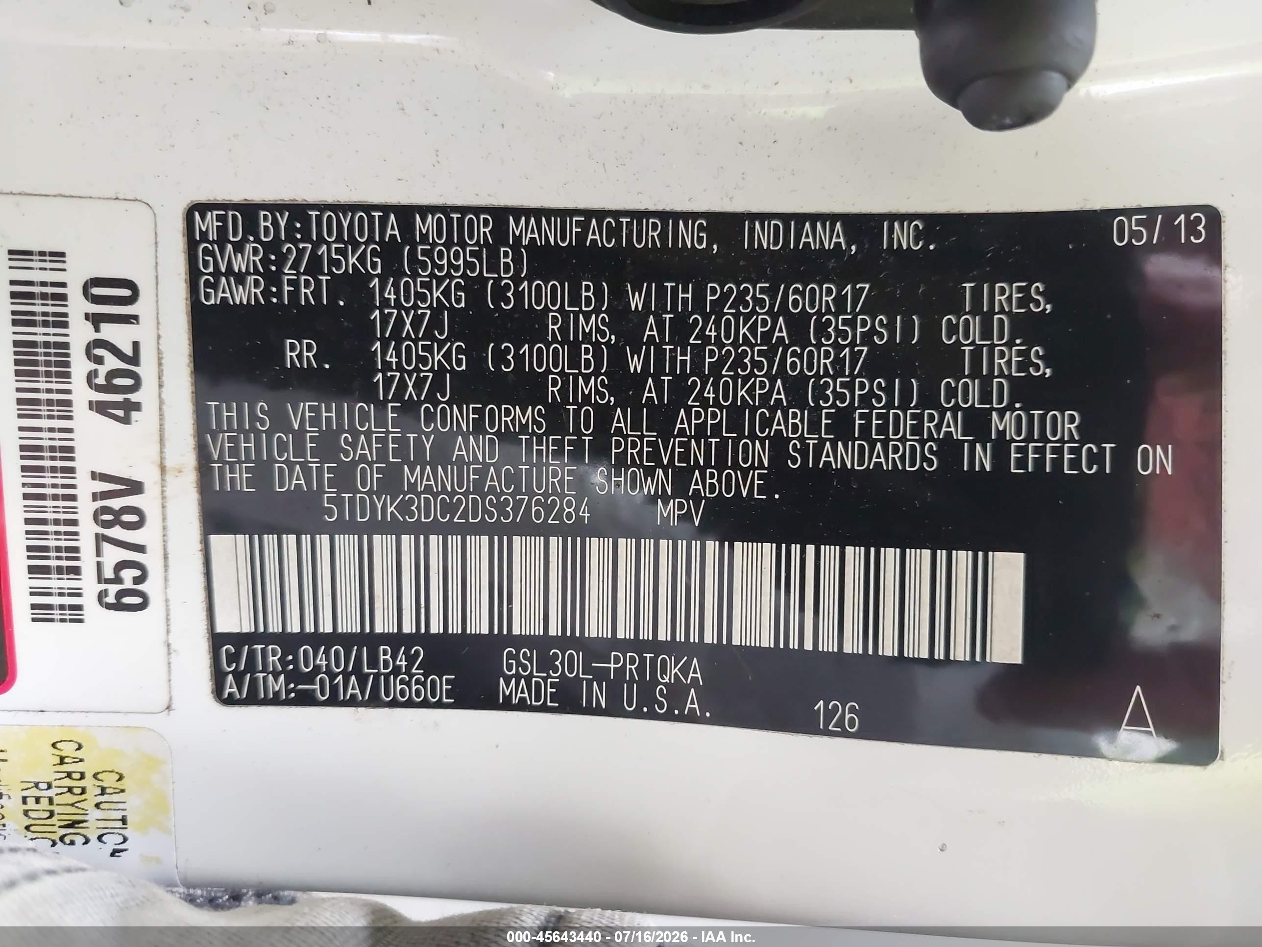 2013 Toyota Sienna Xle V6 8 Passenger White vin: 5TDYK3DC2DS376284