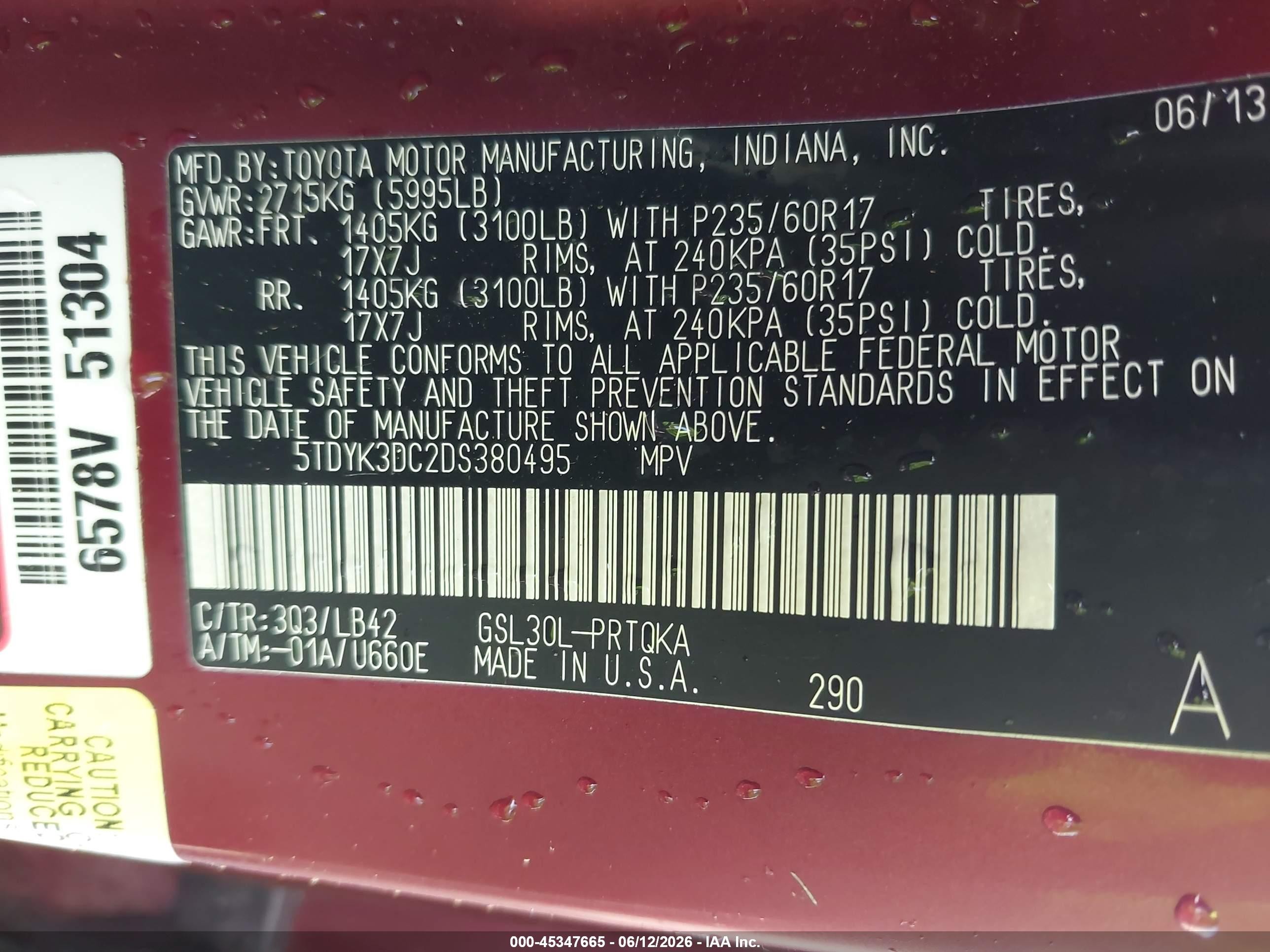 2013 Toyota Sienna Xle V6 8 Passenger Burgundy vin: 5TDYK3DC2DS380495