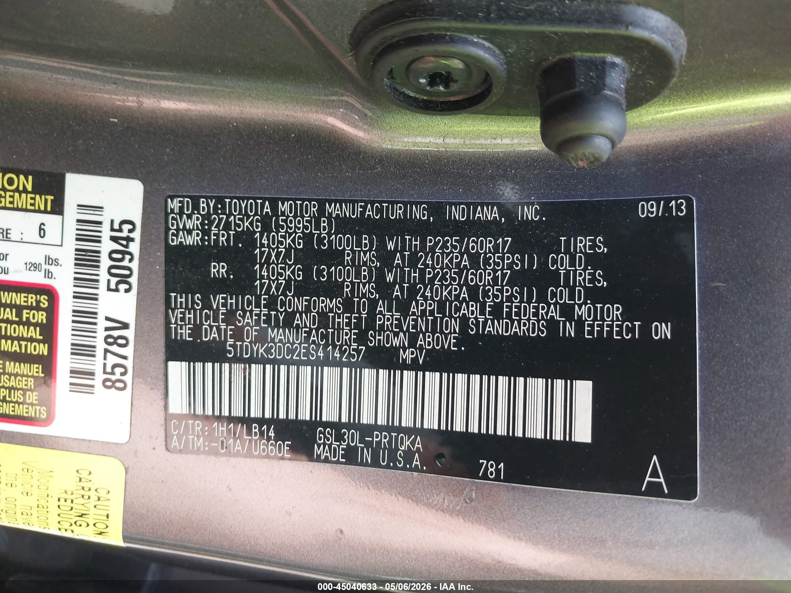 2014 Toyota Sienna Xle V6 8 Passenger Gray vin: 5TDYK3DC2ES414257