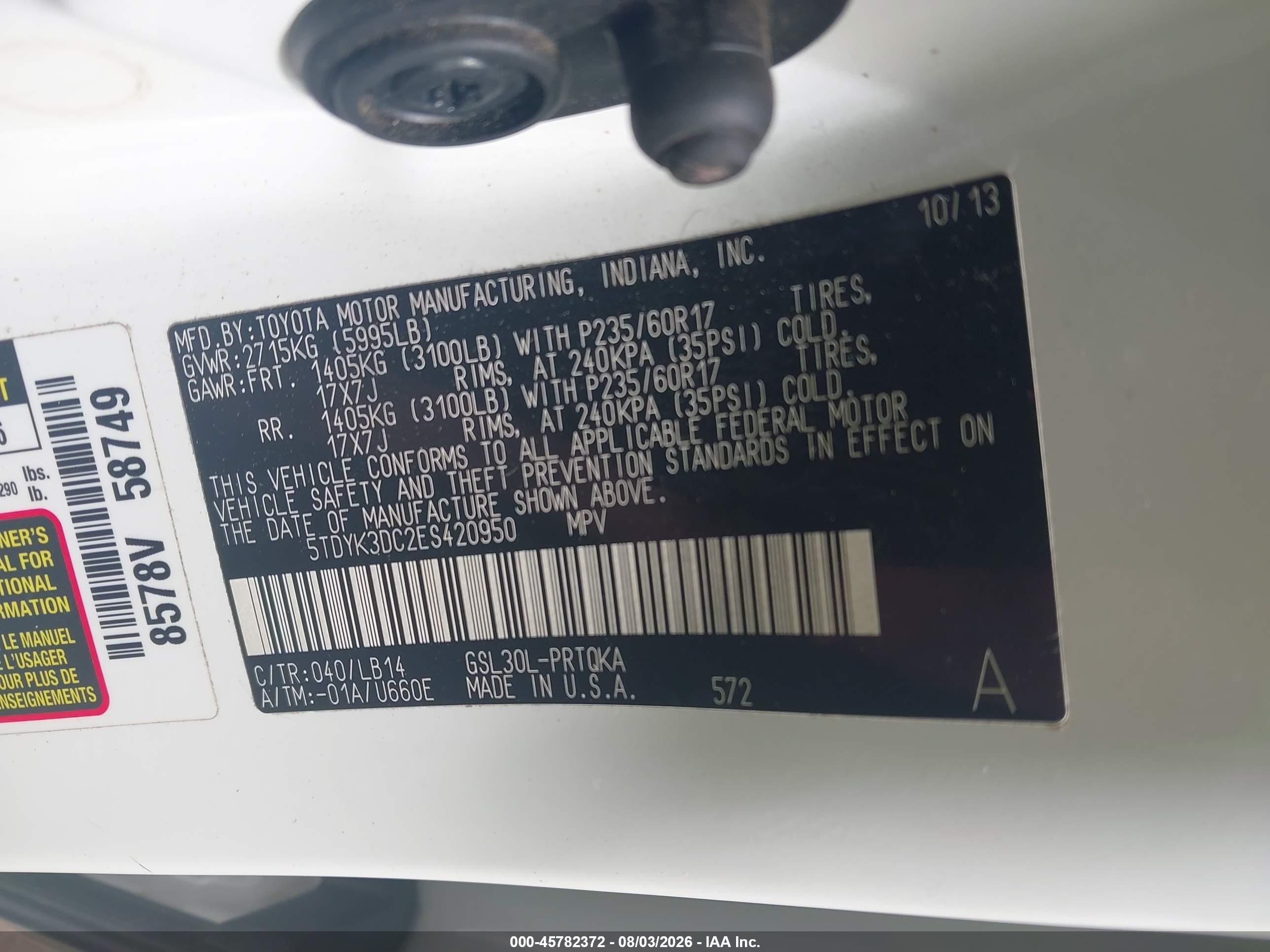 2014 Toyota Sienna Xle V6 8 Passenger White vin: 5TDYK3DC2ES420950